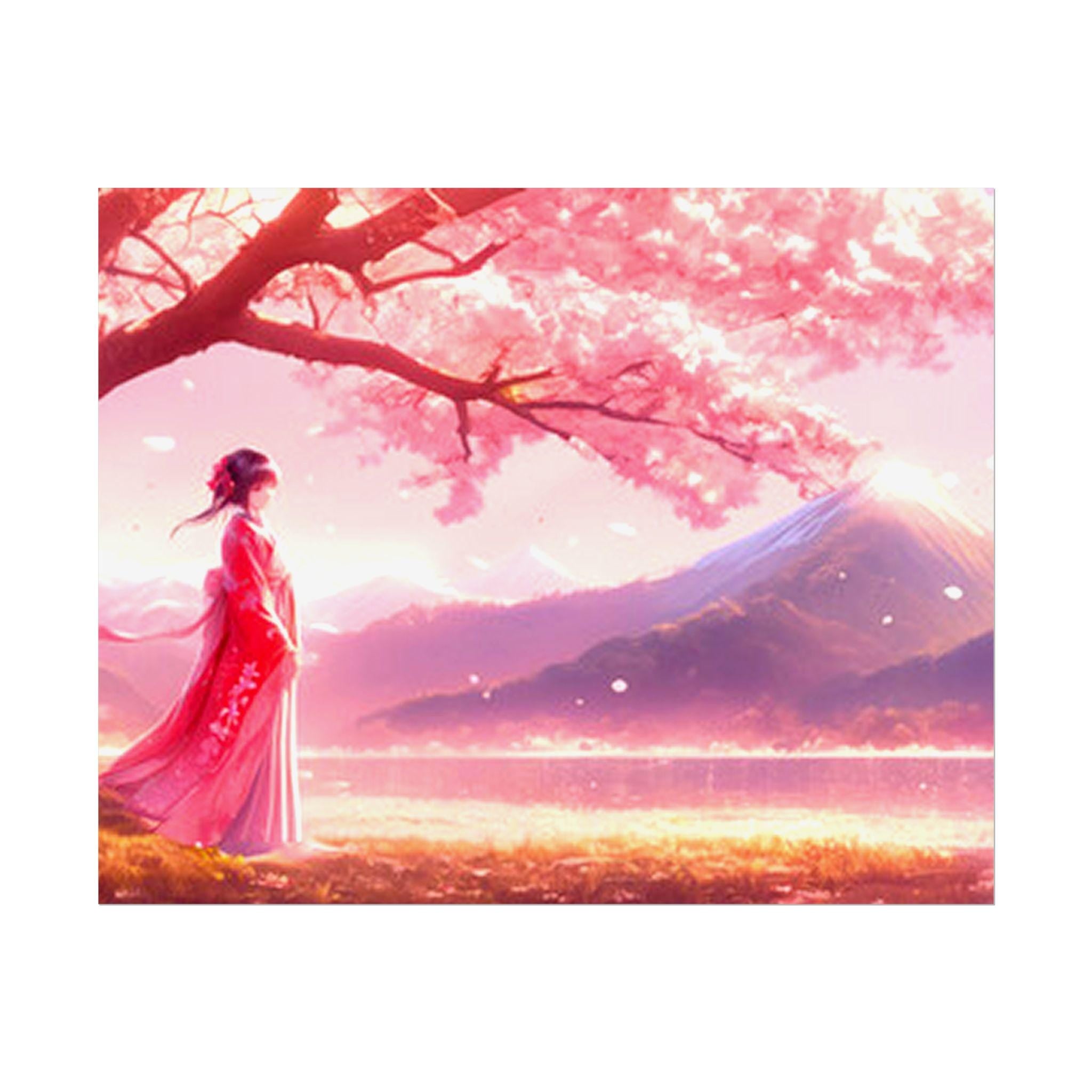 Anime Poster Woman in Kimono Under Cherry Blossoms with Mountain View