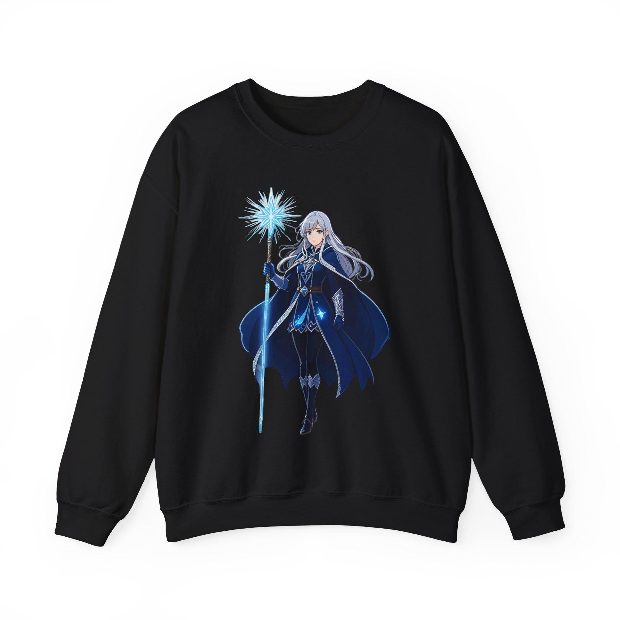 Ice Sorceress Anime Sweatshirt Blue Magic Glow Fantasy Mage Gift for Anime Fans Winter Streetwear Gamer Apparel Epic Anime