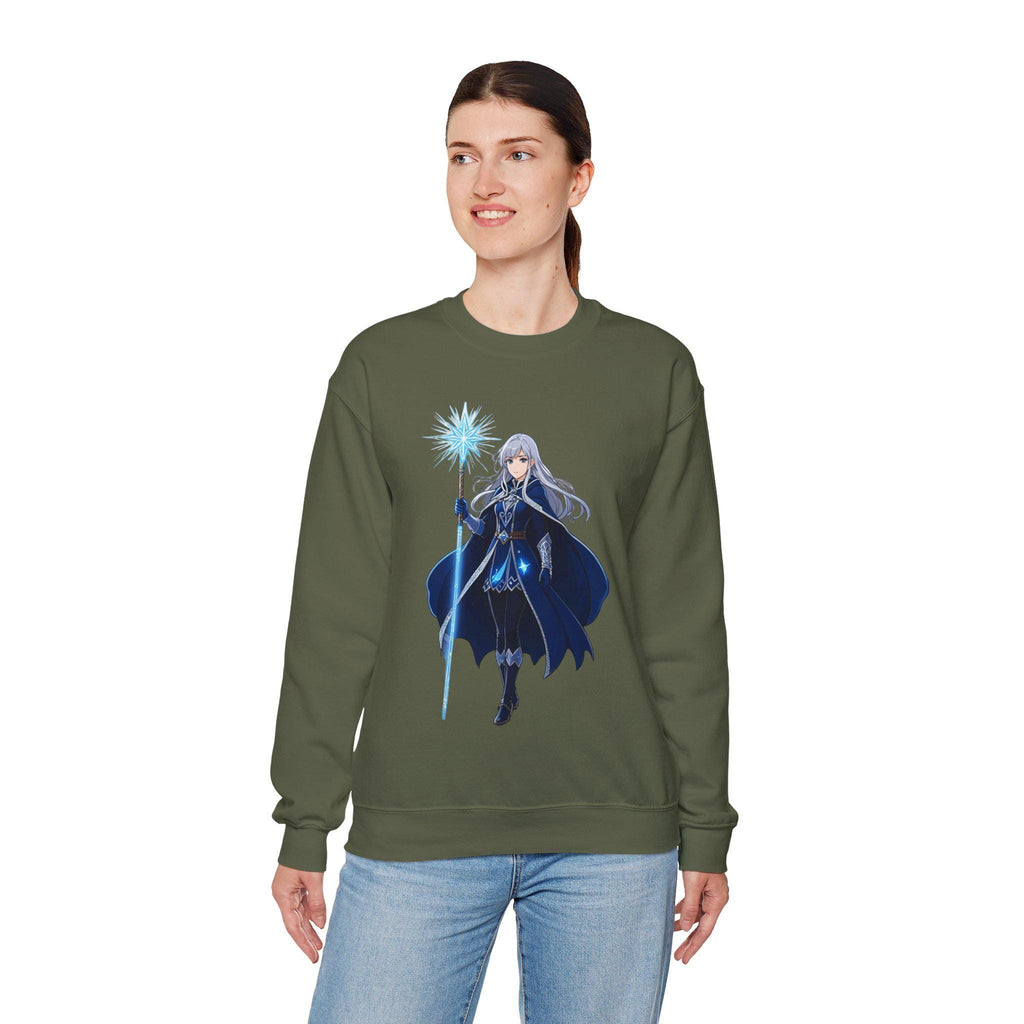 Ice Sorceress Anime Sweatshirt Blue Magic Glow Fantasy Mage Gift for Anime Fans Winter Streetwear Gamer Apparel Epic Anime