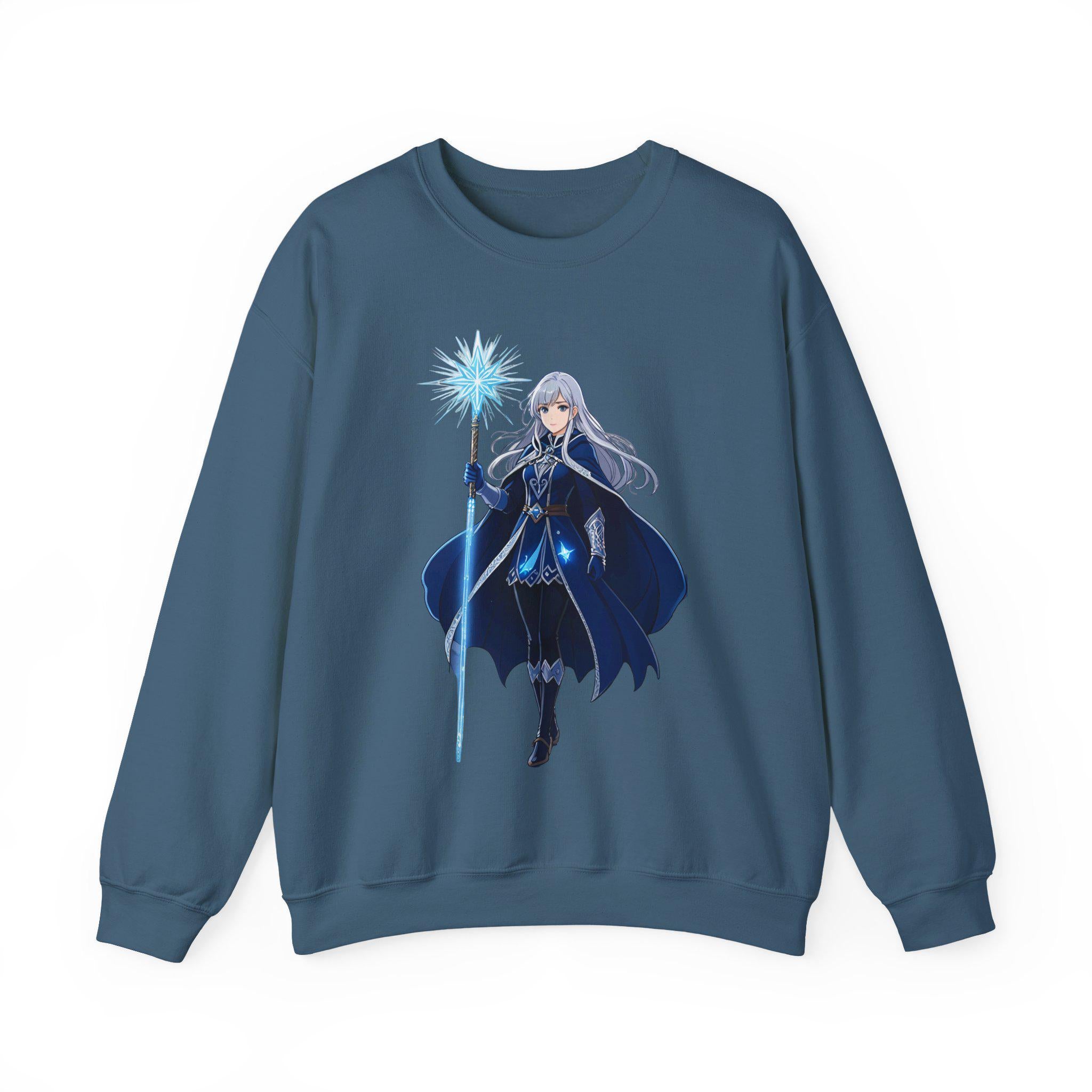 Ice Sorceress Anime Sweatshirt Blue Magic Glow Fantasy Mage Gift for Anime Fans Winter Streetwear Gamer Apparel Epic Anime
