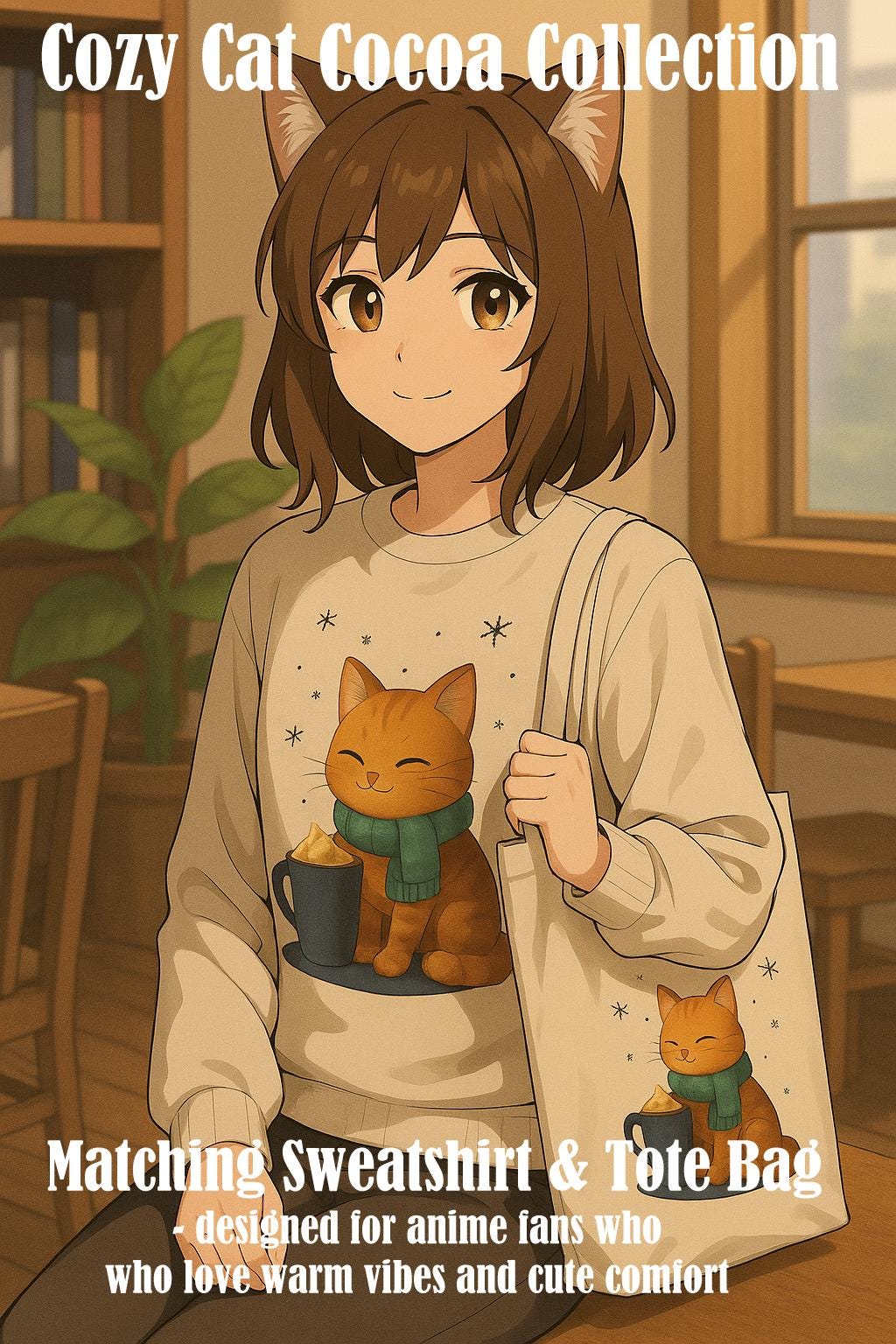 Cozy Cat Cocoa Sweatshirt Cute Kawaii Cat Lover Gift Anime Coffee Crewneck Fall Aesthetic Streetwear Epic Anime Apparel
