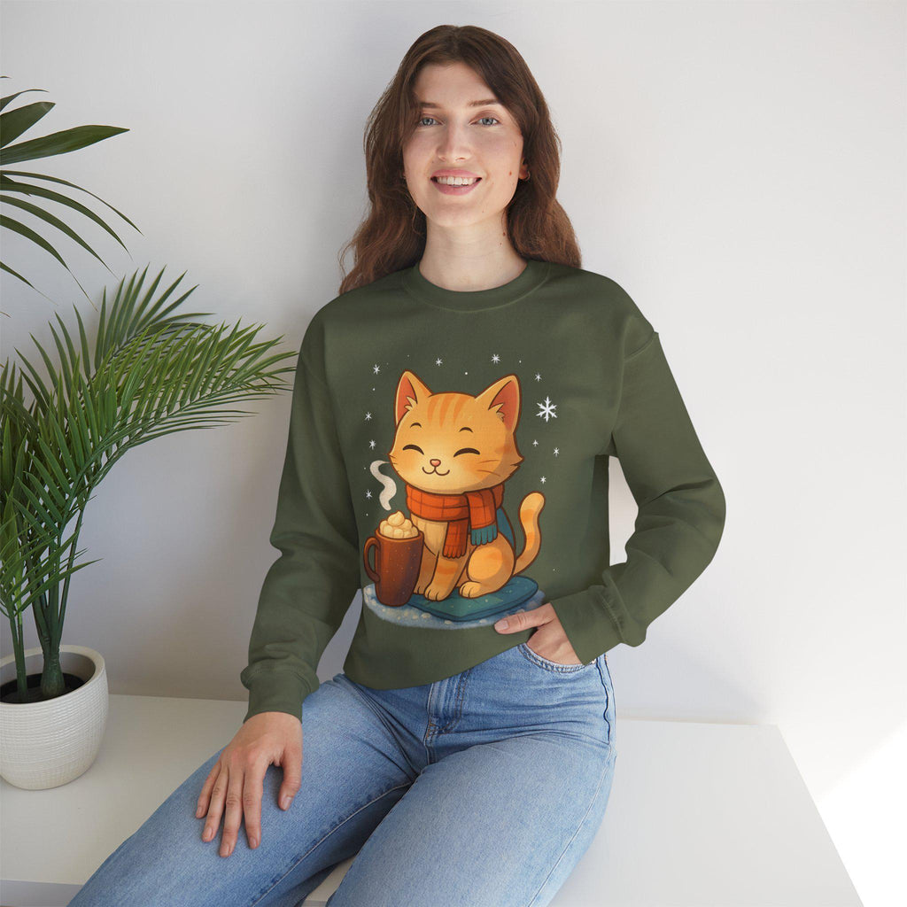 Cozy Winter Cat Sweatshirt | Anime Orange Tabby on Sand Crewneck | Hot Cocoa & Snowflakes Graphic | Gift for Cat and Anime Lovers