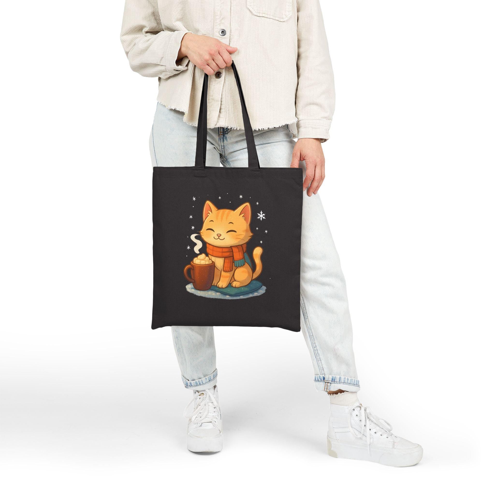 Cozy Cat Cocoa Tote Bag,  Cute Anime Orange Tabby with Hot Cocoa & Snowflakes