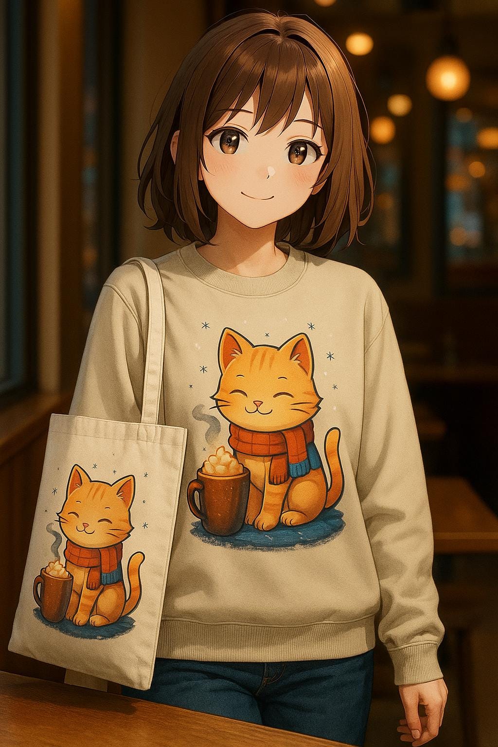Cozy Cat Cocoa Tote Bag,  Cute Anime Orange Tabby with Hot Cocoa & Snowflakes