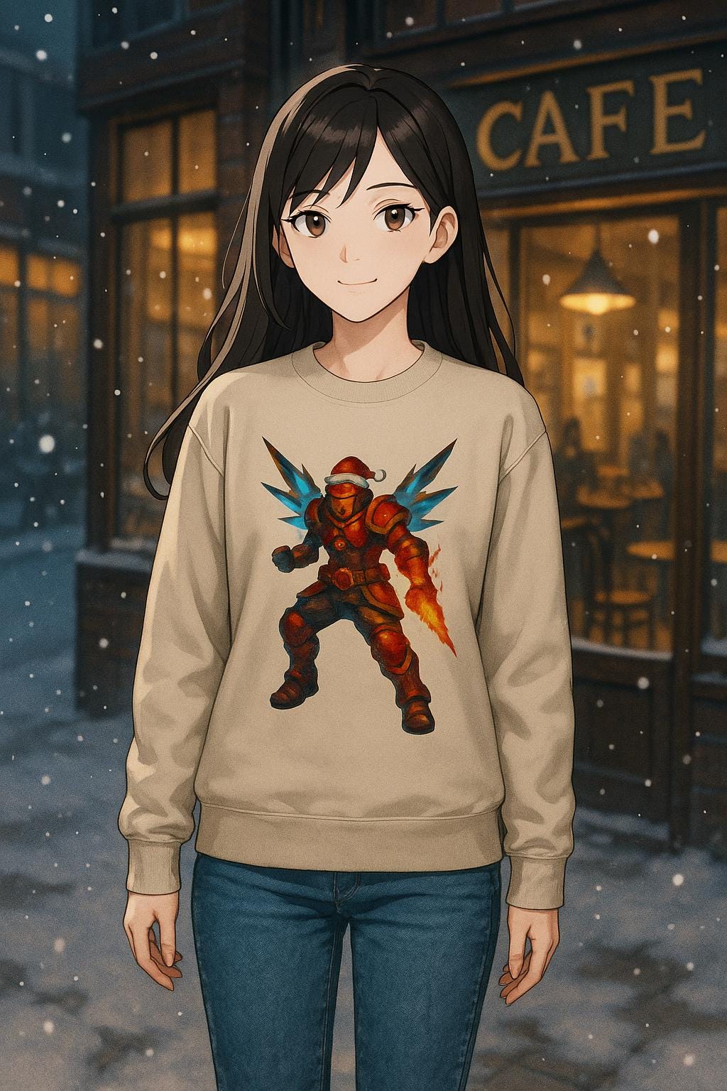 Anime Cyber Santa Sweatshirt Neon Warrior Christmas Hoodie Futuristic Fire Armor Gift for Gamers and Anime Fans