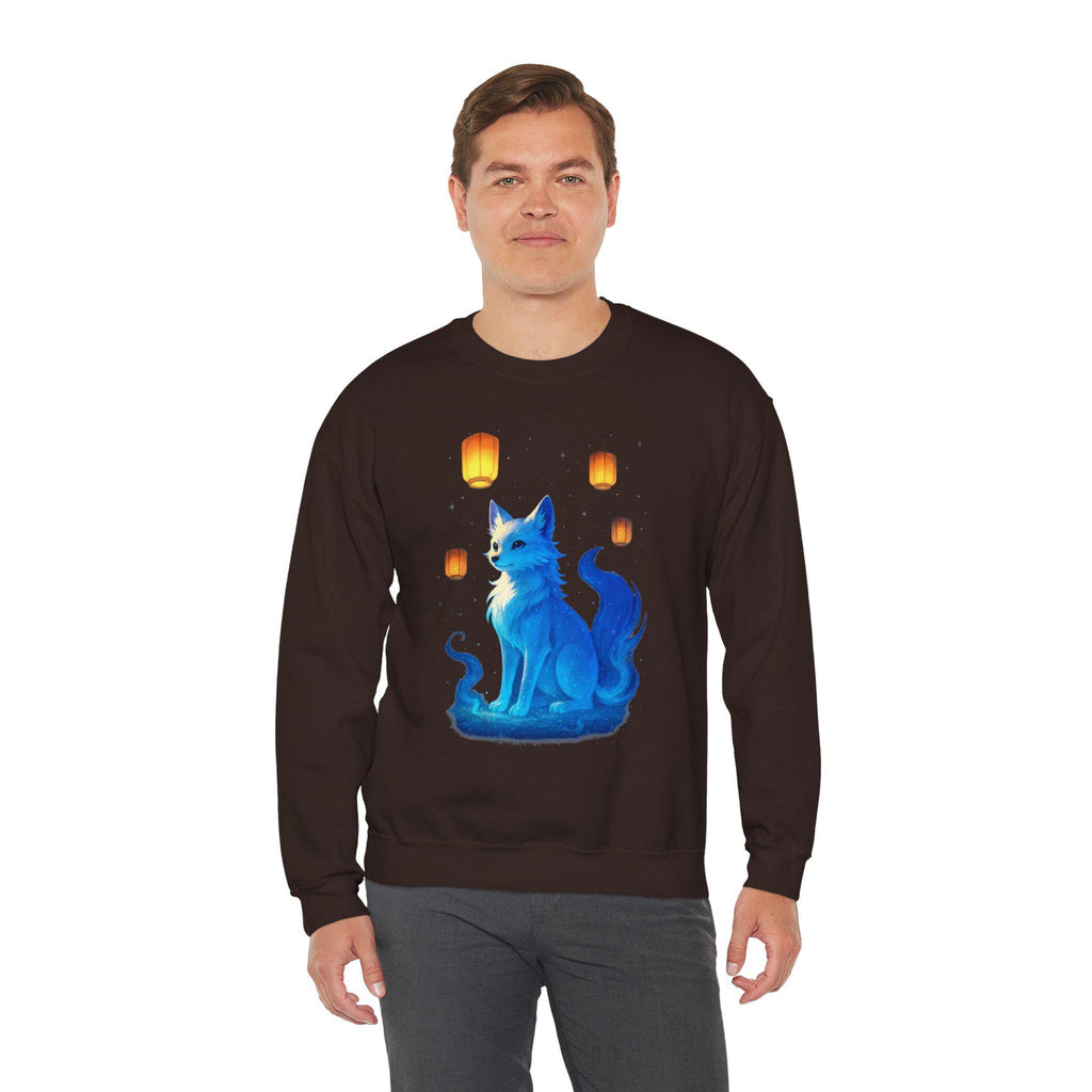 Blue Spirit Fox Sweatshirt Anime Fantasy Gift Cozy Lantern Night Sky Apparel for Anime Lovers and Gamers