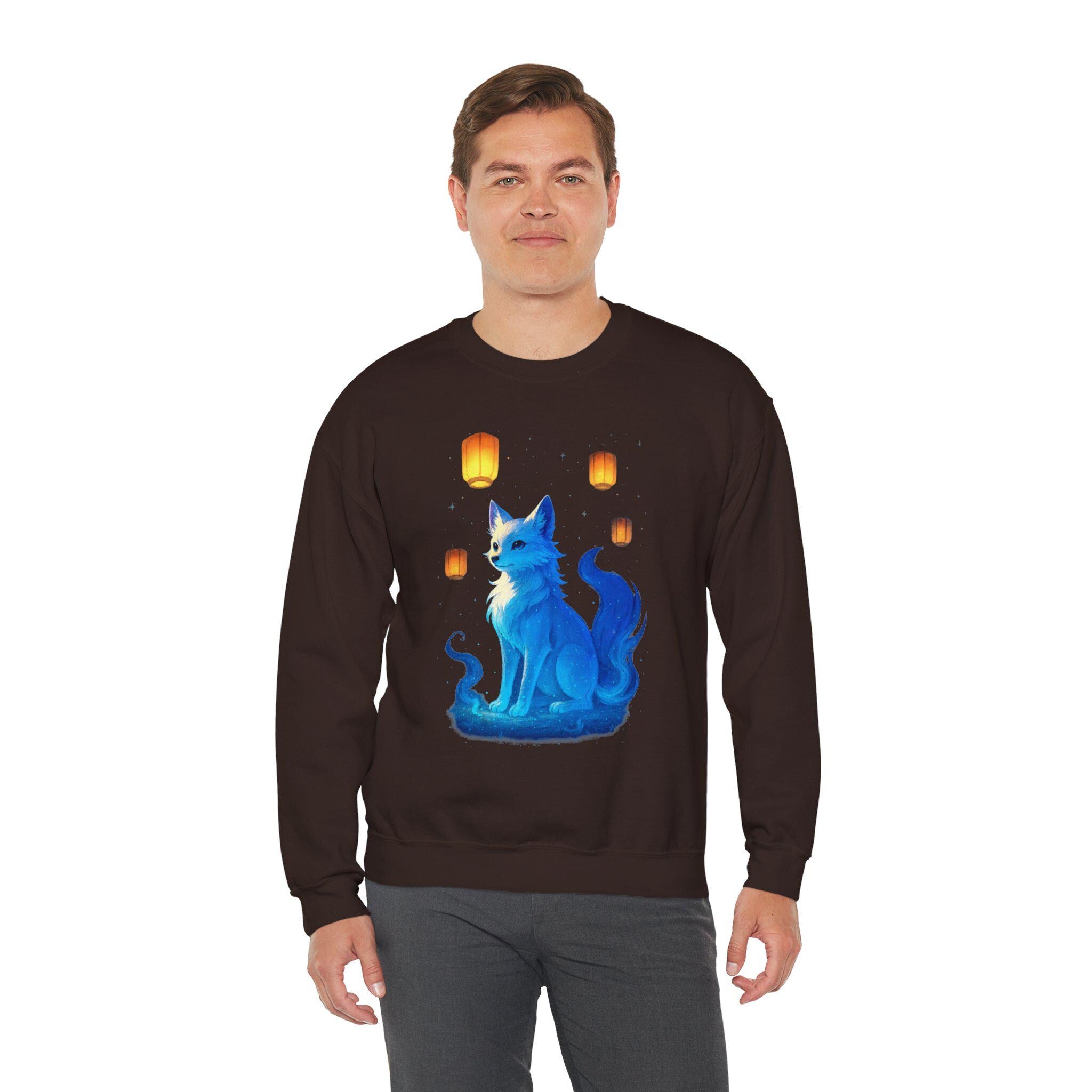 Blue Spirit Fox Sweatshirt Anime Fantasy Gift Cozy Lantern Night Sky Apparel for Anime Lovers and Gamers