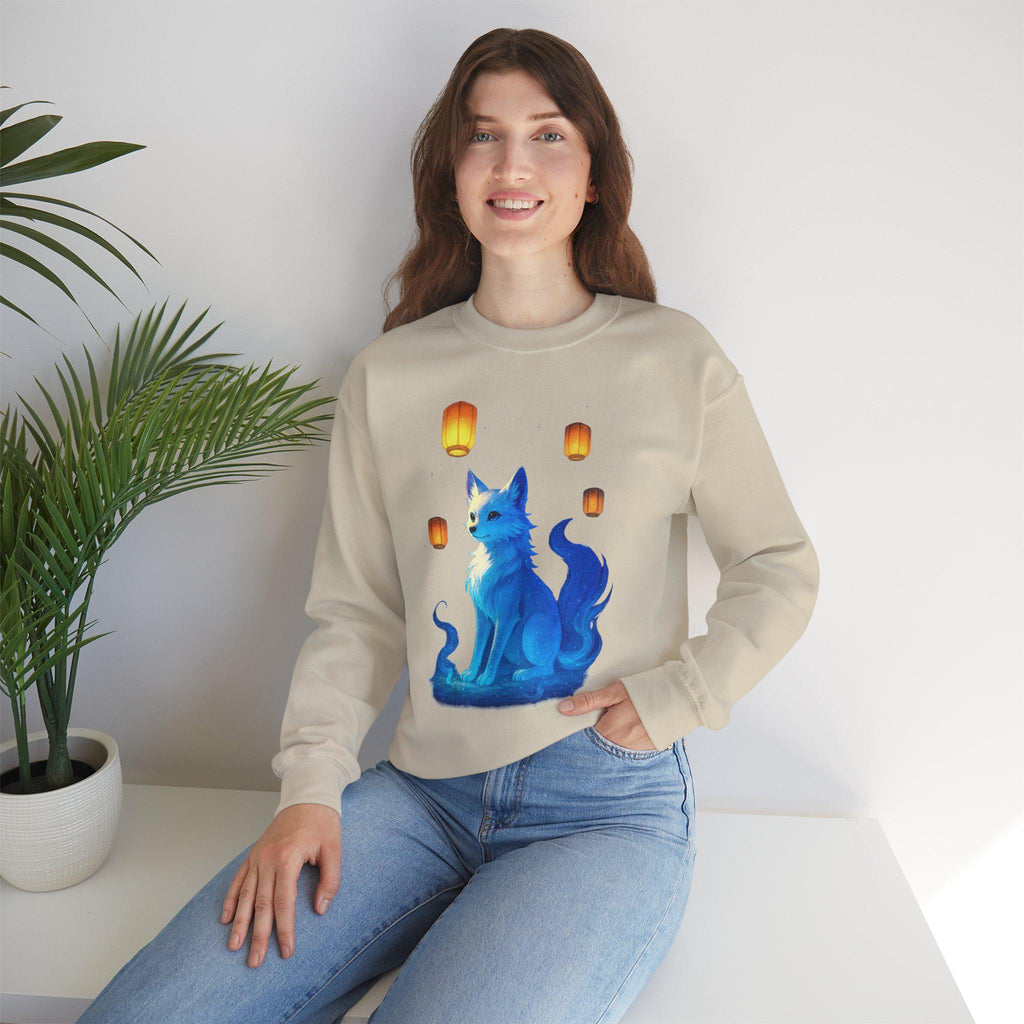 Blue Spirit Fox Sweatshirt Anime Fantasy Gift Cozy Lantern Night Sky Apparel for Anime Lovers and Gamers