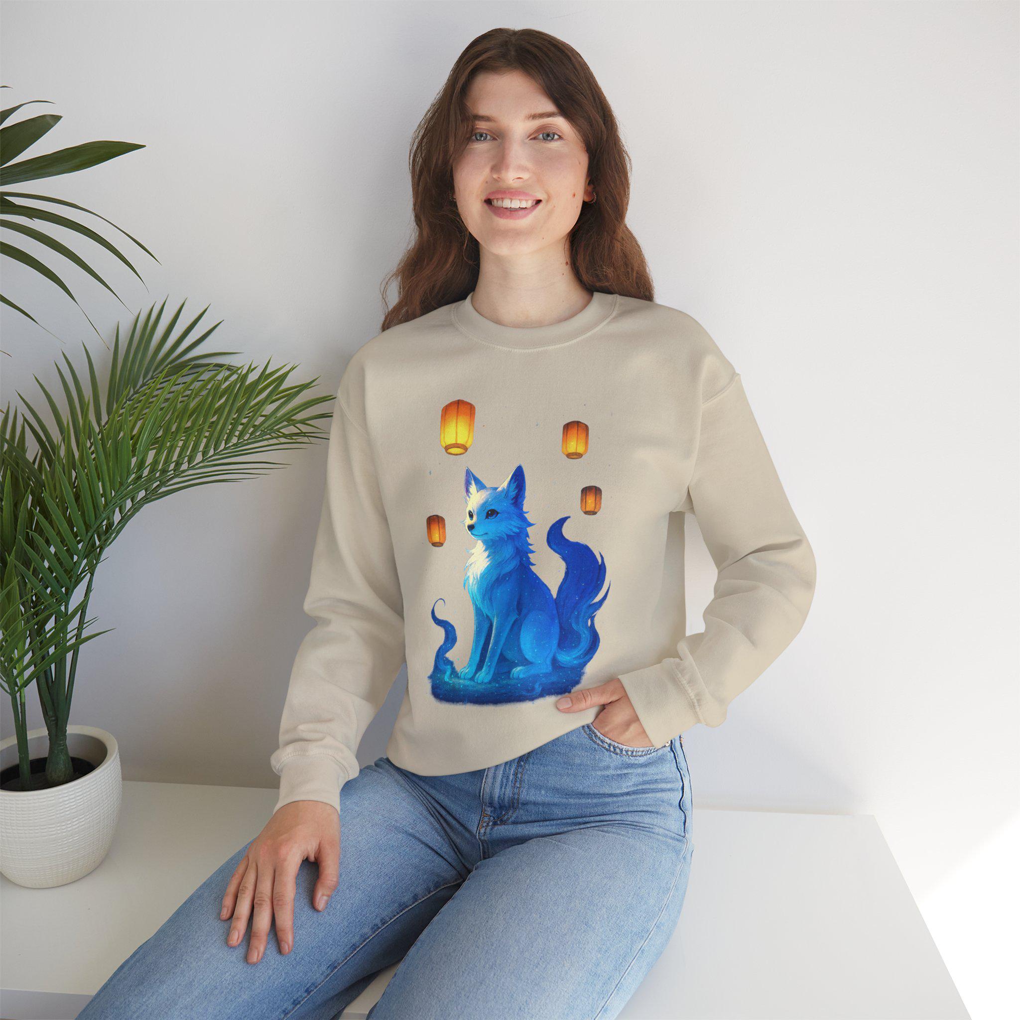 Blue Spirit Fox Sweatshirt Anime Fantasy Gift Cozy Lantern Night Sky Apparel for Anime Lovers and Gamers