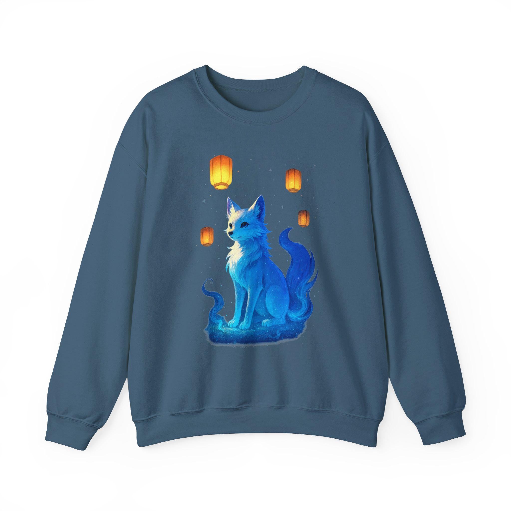 Blue Spirit Fox Sweatshirt Anime Fantasy Gift Cozy Lantern Night Sky Apparel for Anime Lovers and Gamers