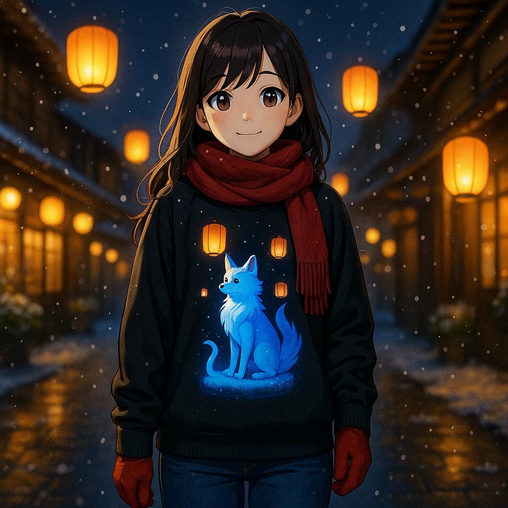 Blue Spirit Fox Sweatshirt Anime Fantasy Gift Cozy Lantern Night Sky Apparel for Anime Lovers and Gamers
