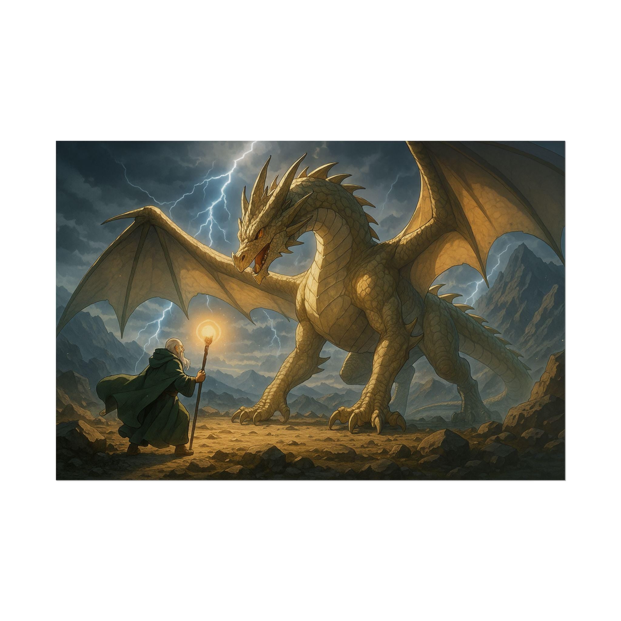 Fantasy Dragon Poster Stormy Mountain Artwork Mythical Creature Wall Art Epic Adventure Print