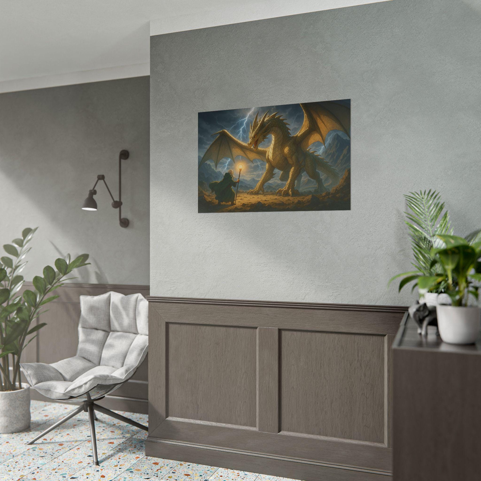 Fantasy Dragon Poster Stormy Mountain Artwork Mythical Creature Wall Art Epic Adventure Print