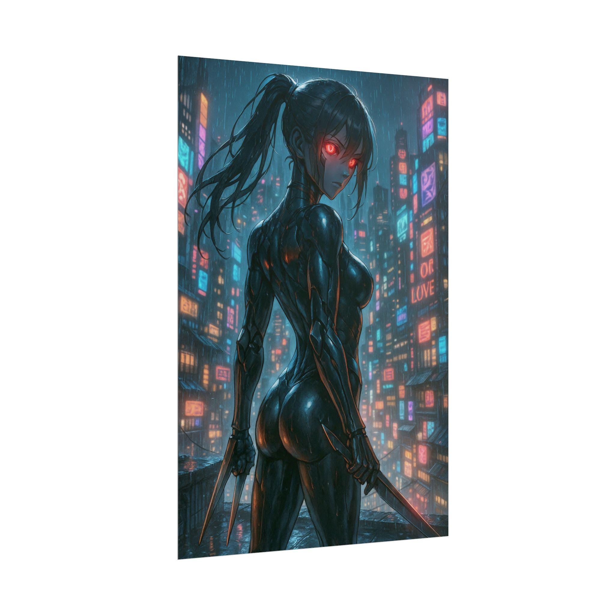 Anime Ninja Girl Poster: Vintage Cyberpunk Art Print