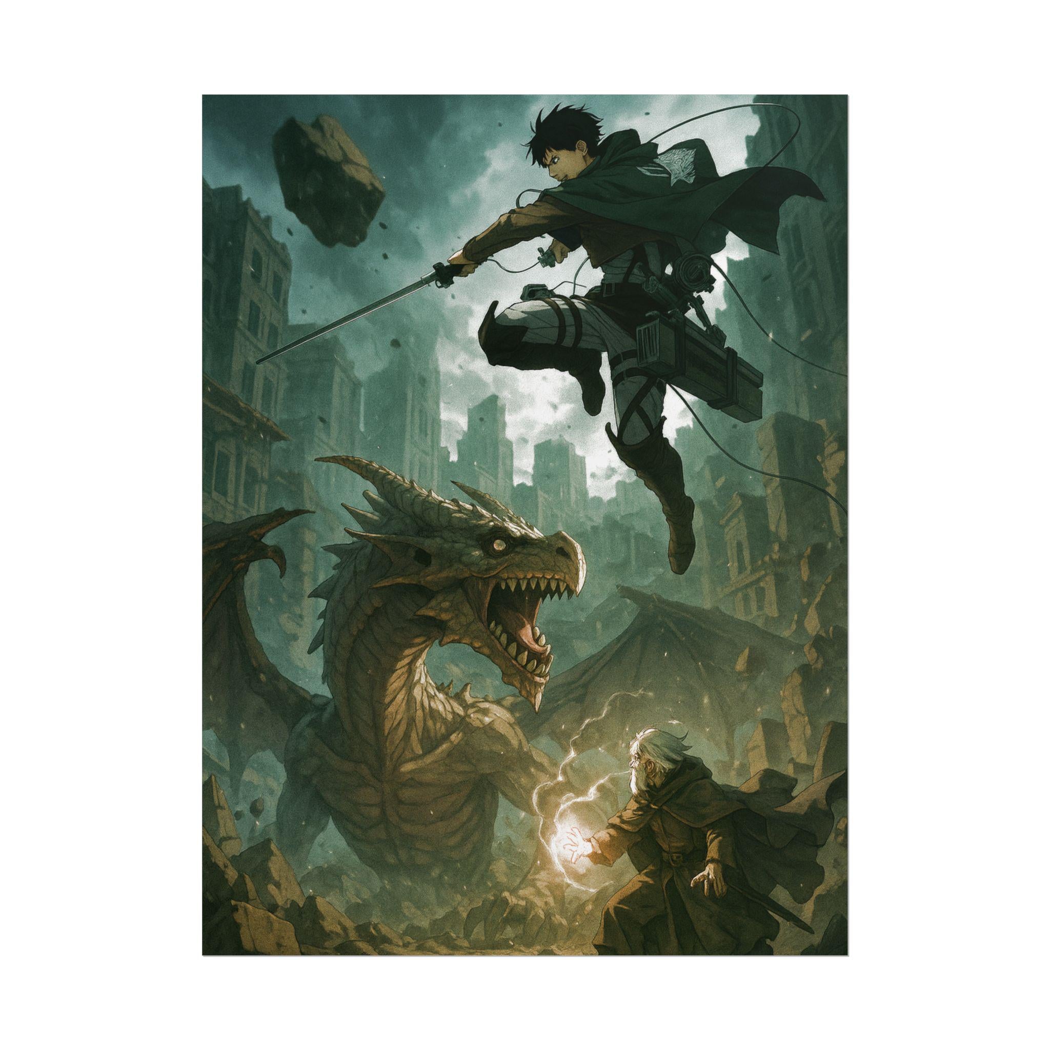 Epic Anime Dragon Battle Art Print: Gamer Room Decor