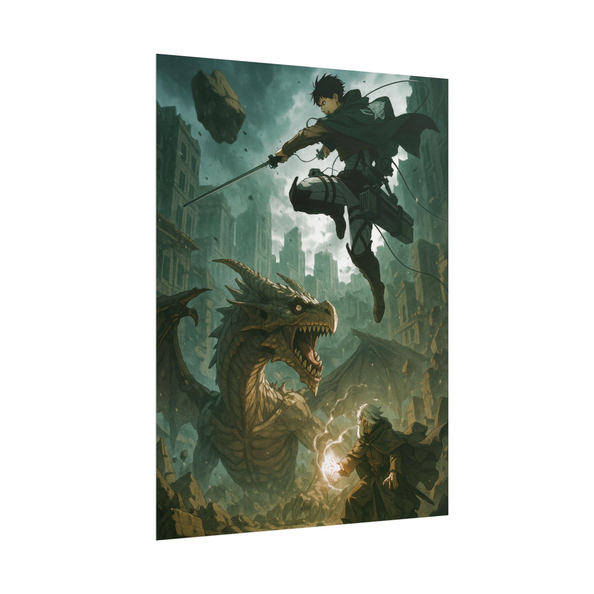 Epic Anime Dragon Battle Art Print: Gamer Room Decor