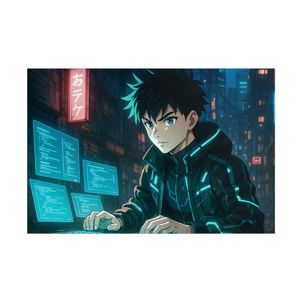 Cyberpunk Anime Hacker Poster: Neon City Sci-Fi Wall Art