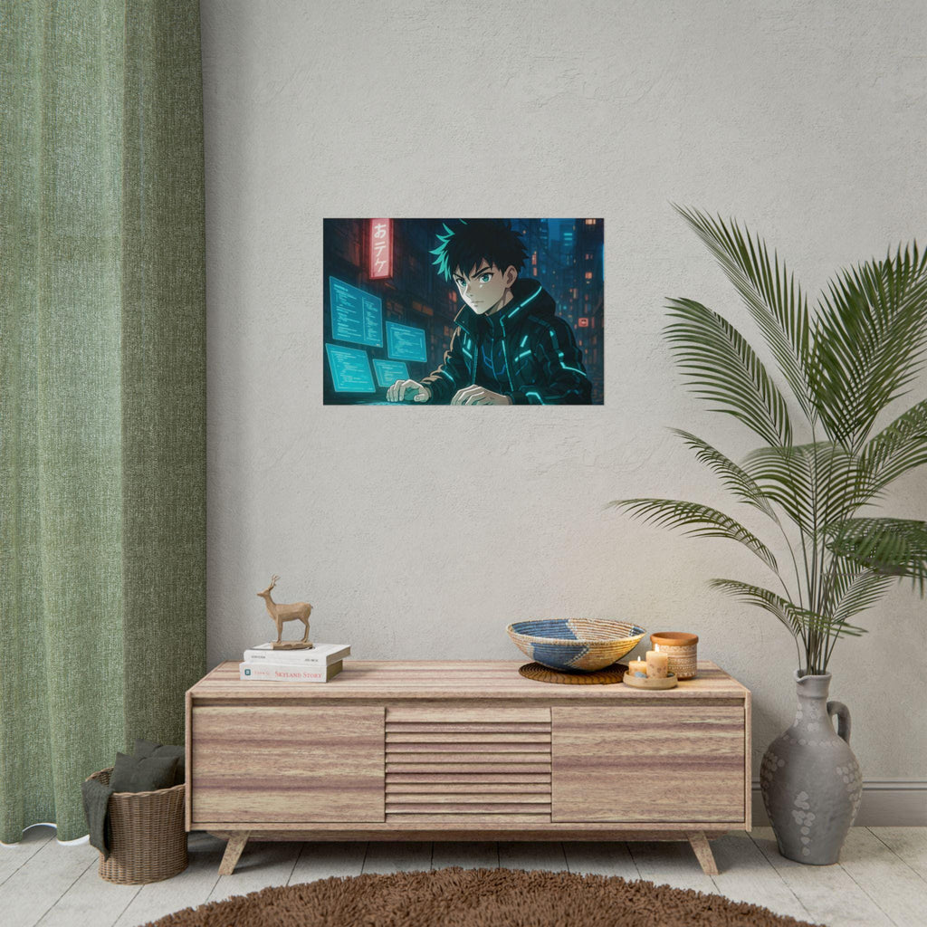 Cyberpunk Anime Hacker Poster: Neon City Sci-Fi Wall Art