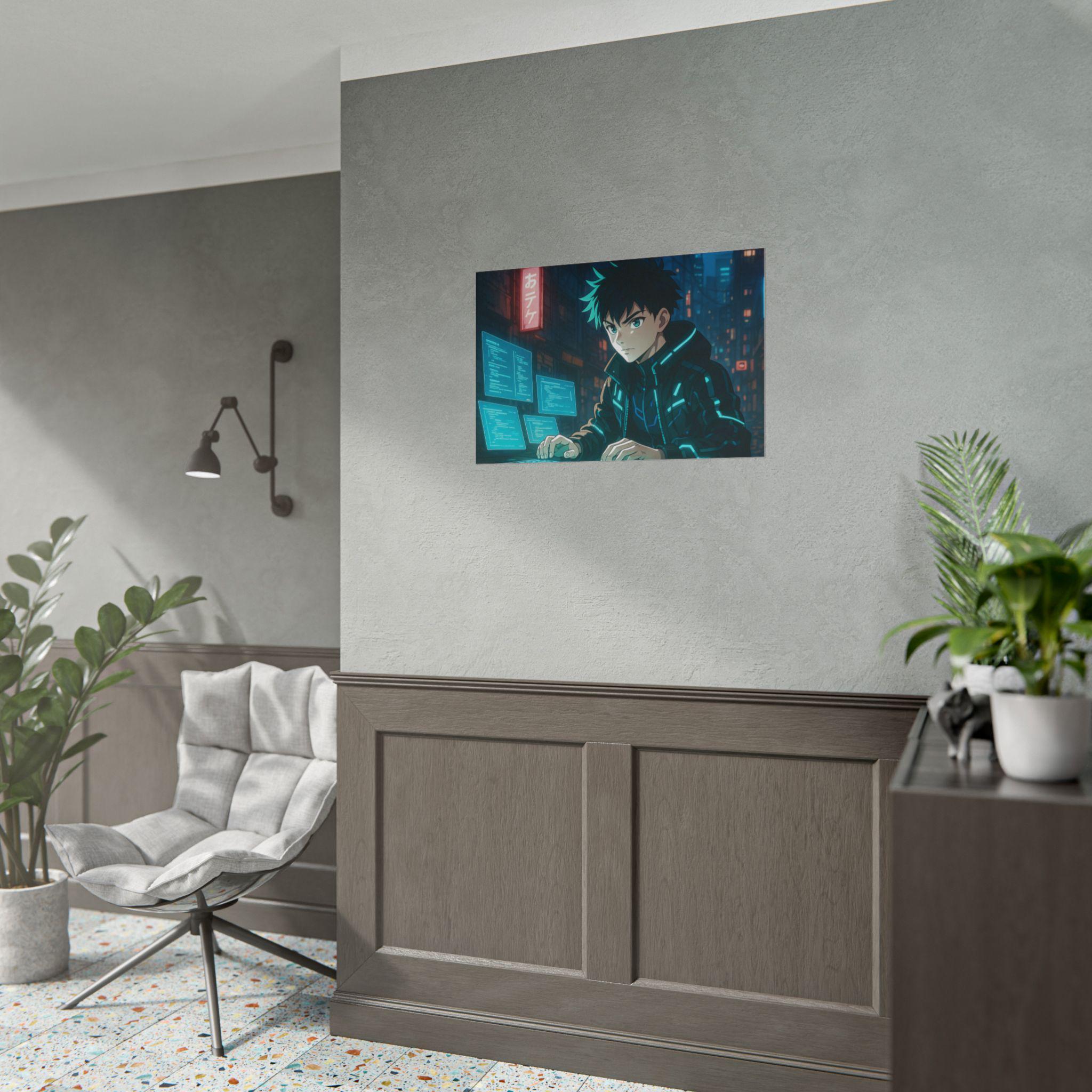 Cyberpunk Anime Hacker Poster: Neon City Sci-Fi Wall Art