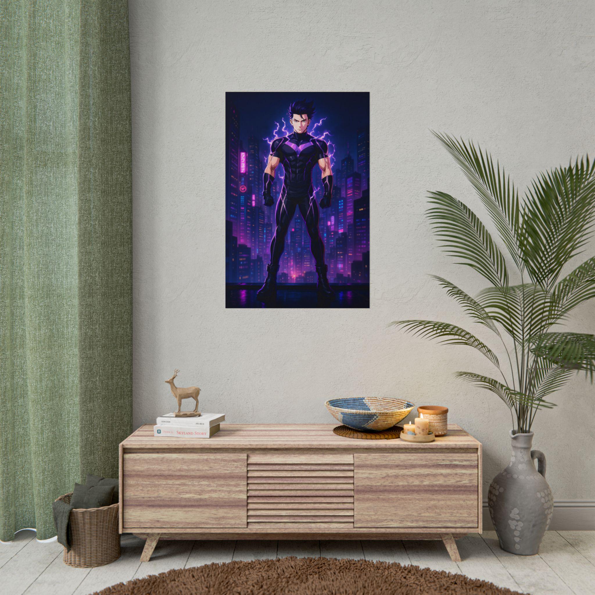 Cyberpunk Lightning Hero Poster Neon Glow Wall Art Futuristic Anime Print Gift for Gamers and Sci-Fi Fans