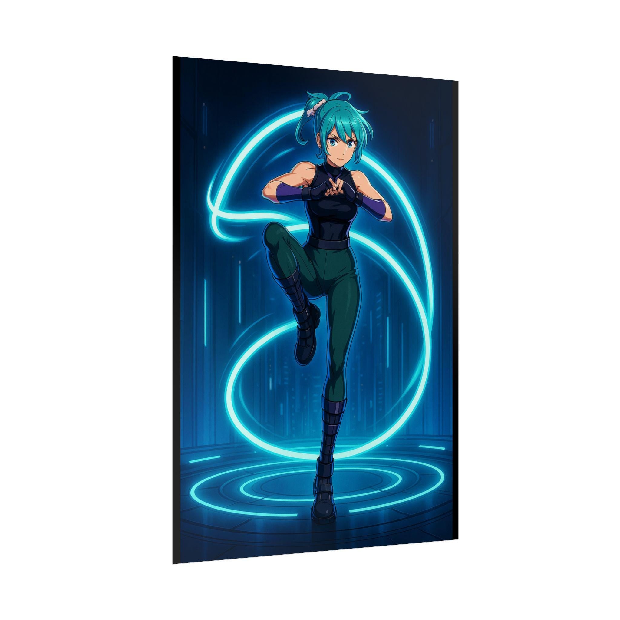 Cyber Lightning Anime Girl Poster Neon Glow Wall Art Futuristic Techwear Anime Room Decor Gift for Gamers and Fans