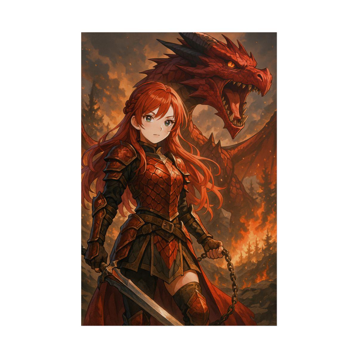 Anime Female Warrior and Dragon Art Print: Fantasy Poster (24"x36")