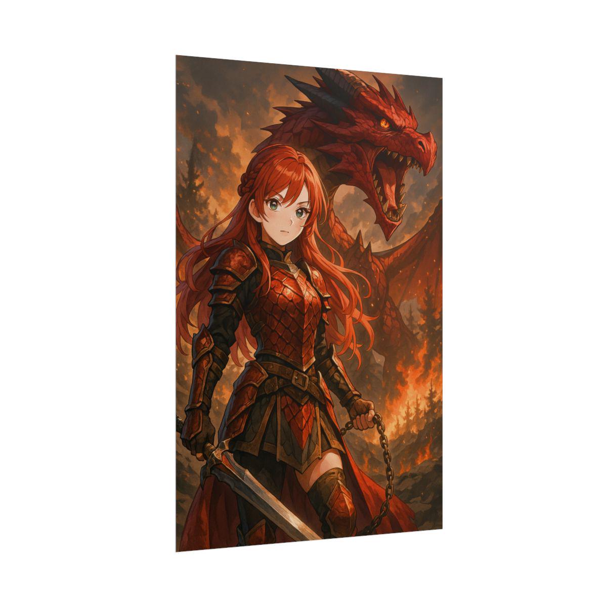 Anime Female Warrior and Dragon Art Print: Fantasy Poster (24"x36")