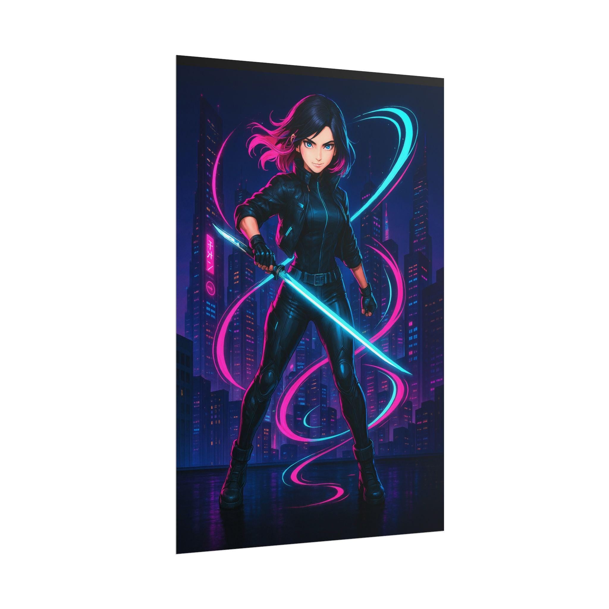 Cyberpunk Anime Girl Poster Neon City Blade Wall Art Futuristic Samurai Aesthetic Print for Gamers and Anime Lovers