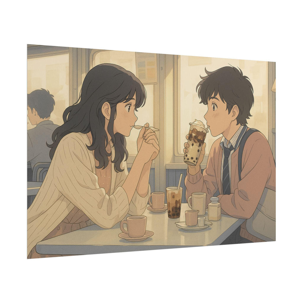 Anime Couple Poster: Cozy Cafe Bubble Tea Print