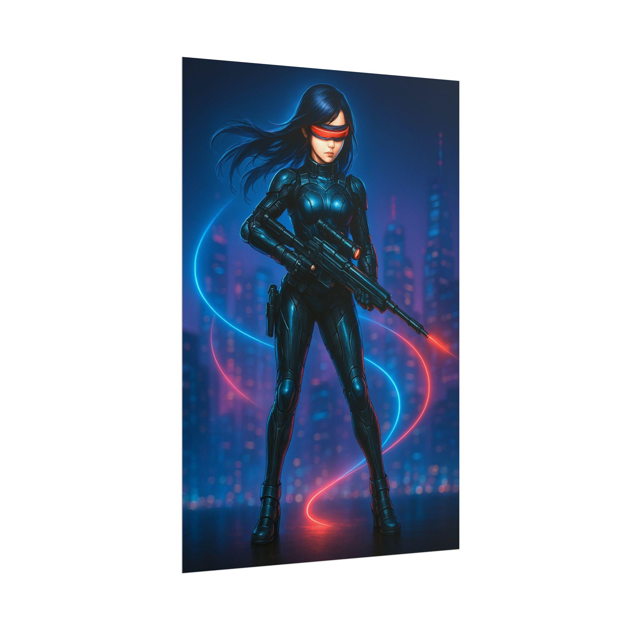 Cyberpunk Anime Girl Poster Neon City Sniper Wall Art Futuristic Sci Fi Print Gift for Gamers and Anime Lovers