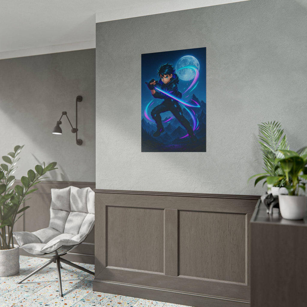 Anime Ninja Poster Cyber Samurai Glow Sword Neon Moon Night Scene Wall Art for Gamers Teens Bedroom Decor Gift for Anime Fans