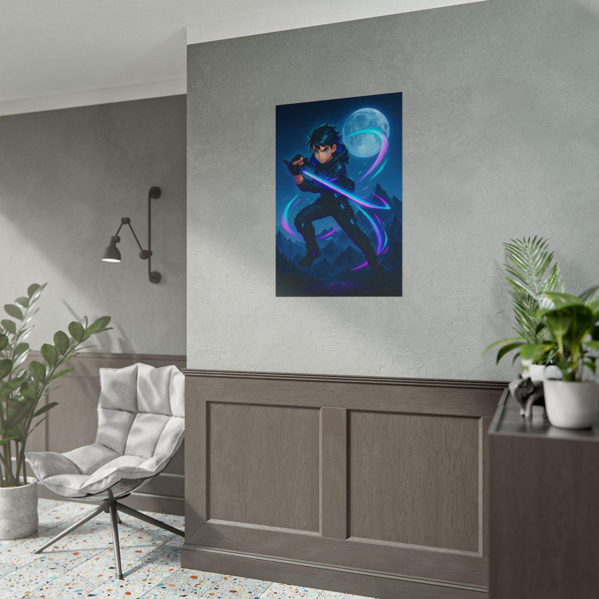 Anime Ninja Poster Cyber Samurai Glow Sword Neon Moon Night Scene Wall Art for Gamers Teens Bedroom Decor Gift for Anime Fans