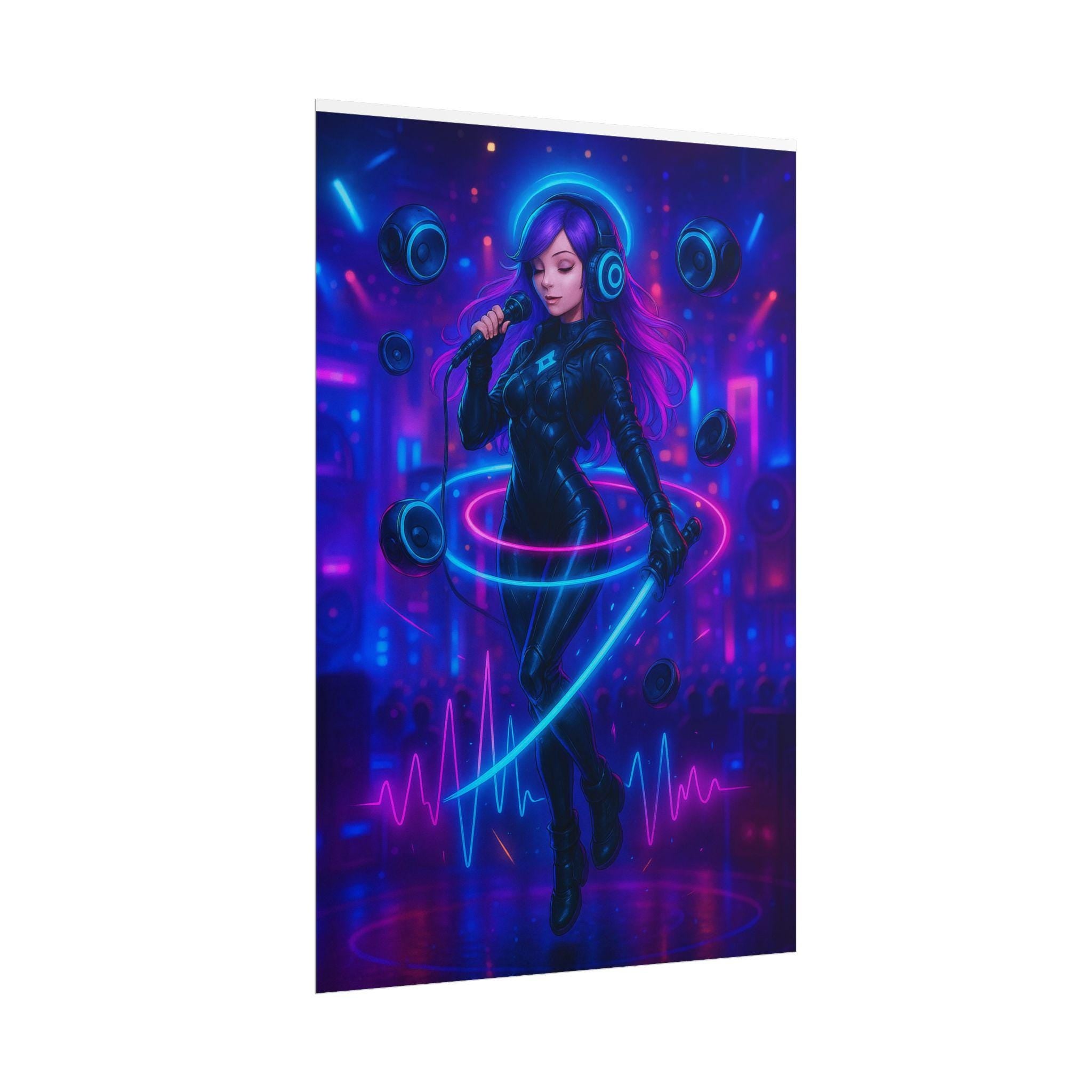 Cyberpunk DJ Girl Poster Neon Glow Wall Art Futuristic Anime Decor for Gamers and Techwear Lovers