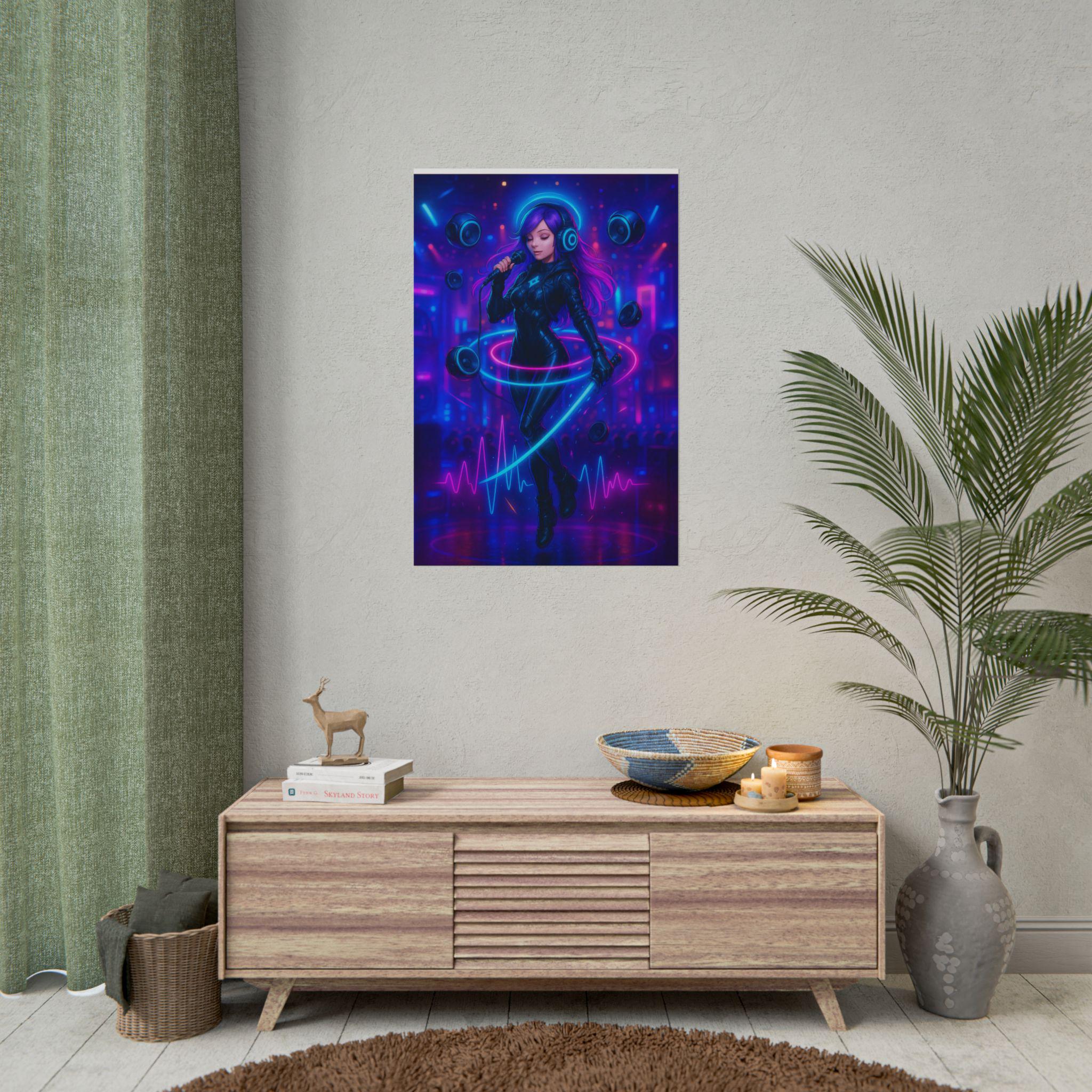 Cyberpunk DJ Girl Poster Neon Glow Wall Art Futuristic Anime Decor for Gamers and Techwear Lovers