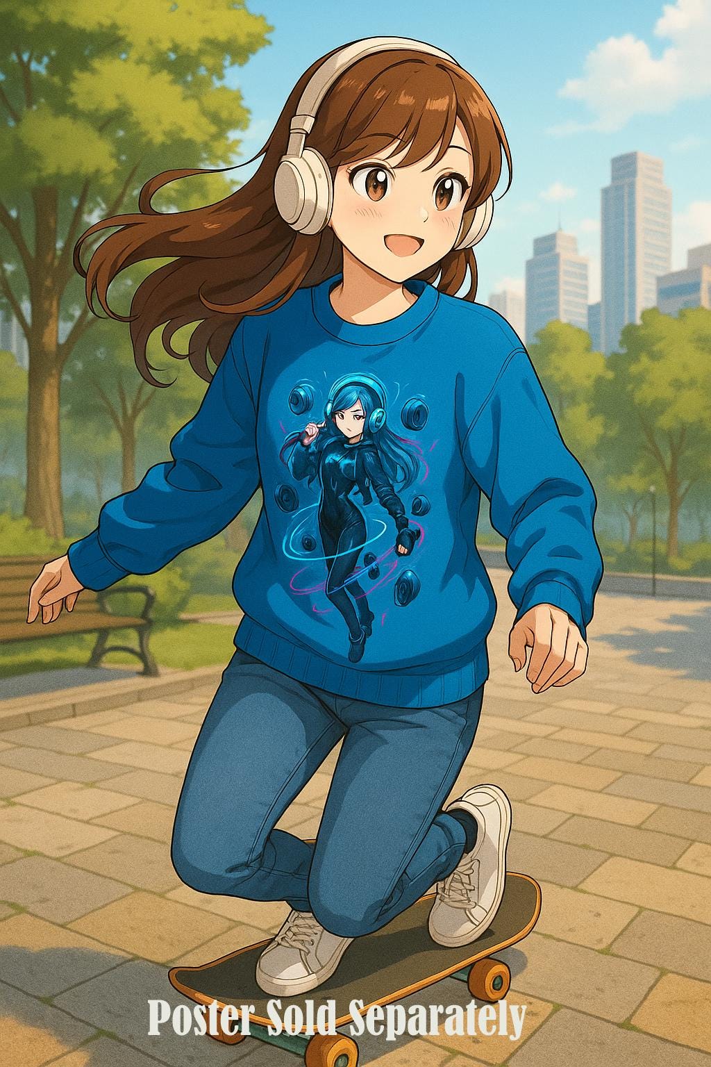 DJ Skater Girl Poster Neon City Art Print Futuristic Anime Wall Decor for Gamers and Music Lovers