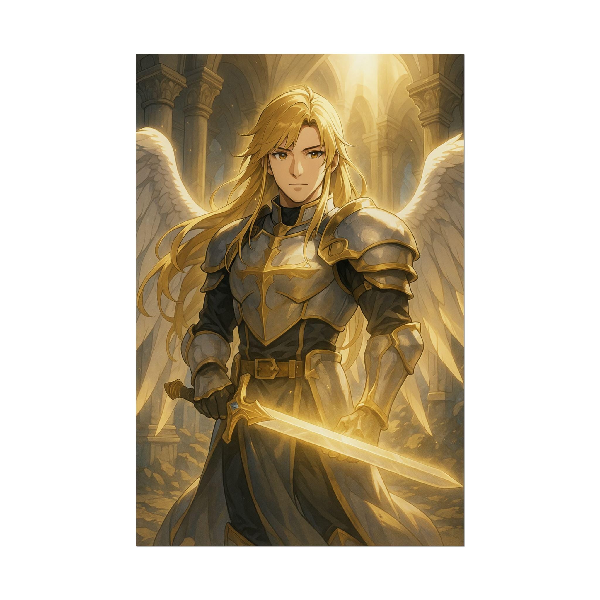 Anime Paladin Poster, Angel Warrior Wall Art Print, Fantasy Anime Decor, Japanese Anime Poster, Gift for Gamers and Otaku Fans