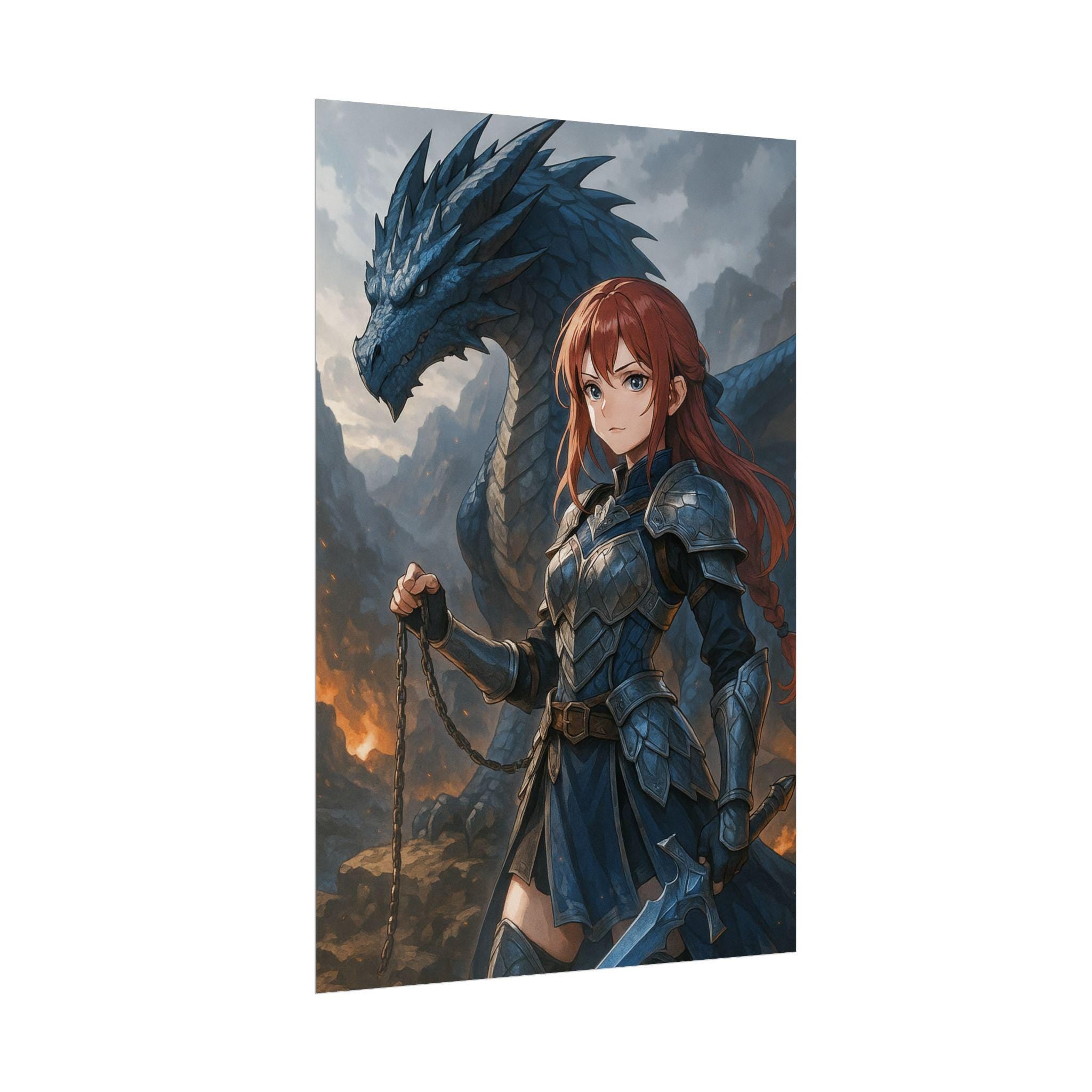 Anime Dragon Poster: Warrior Girl Fantasy Art Print