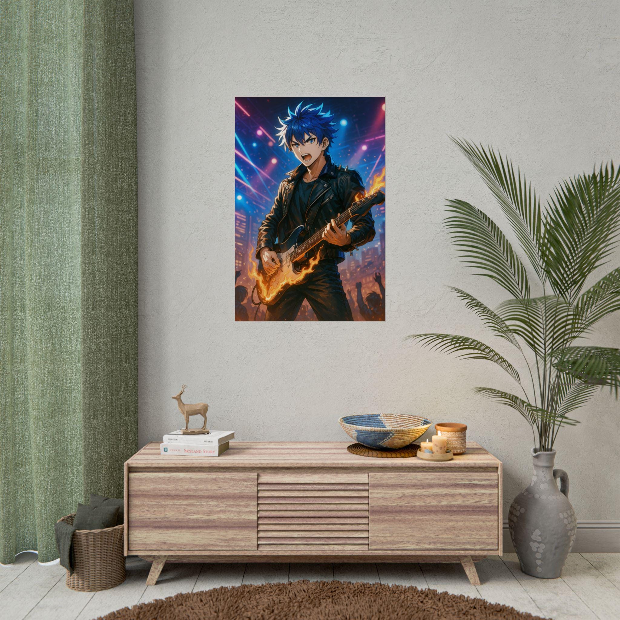 Anime Rock Star Poster: Fiery Guitarist Music Wall Art
