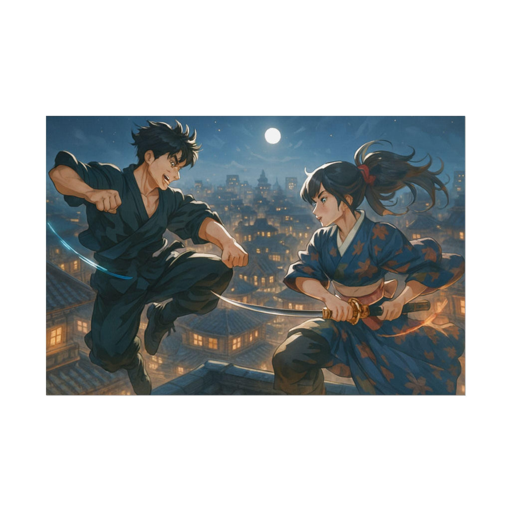 Anime Samurai Duel Poster, Night Battle on Rooftops Under the Moon