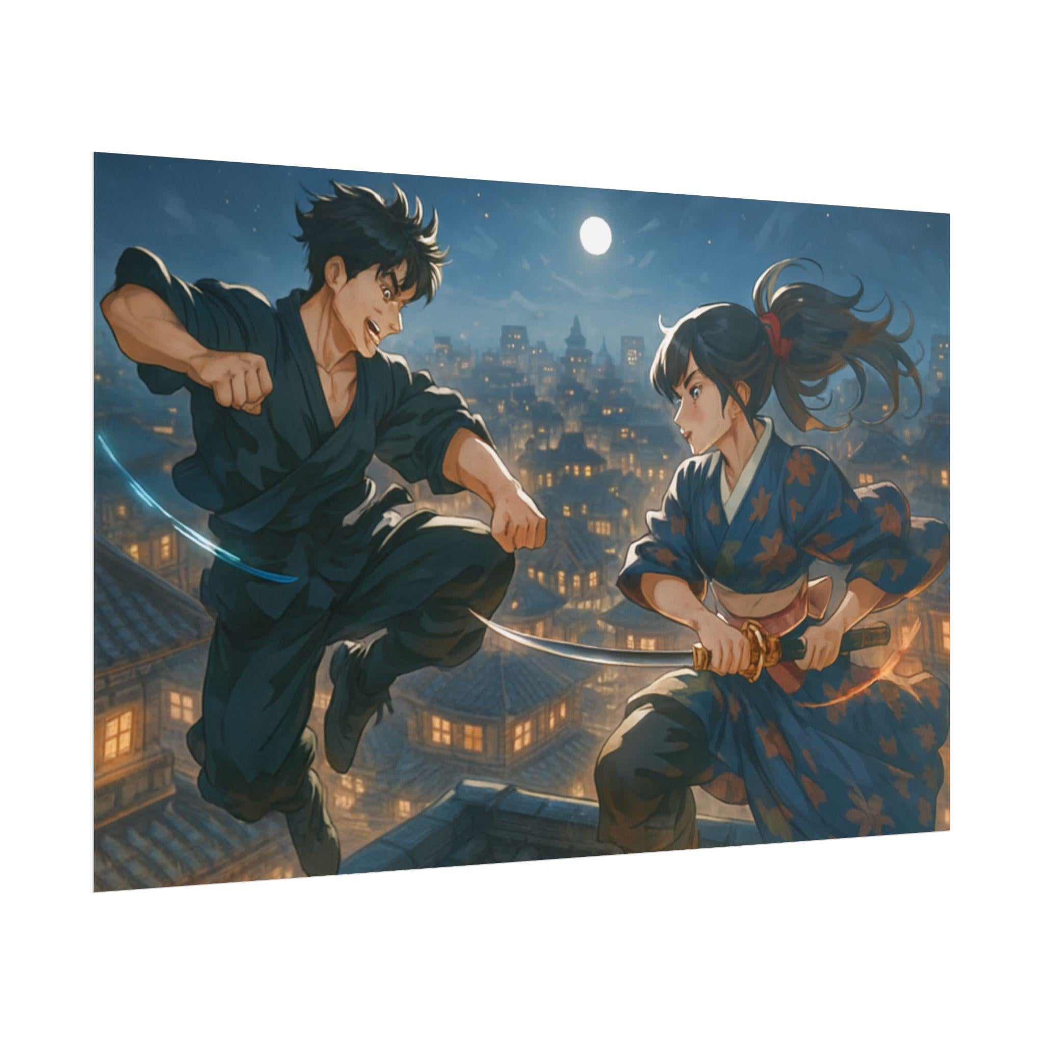 Anime Samurai Duel Poster, Night Battle on Rooftops Under the Moon