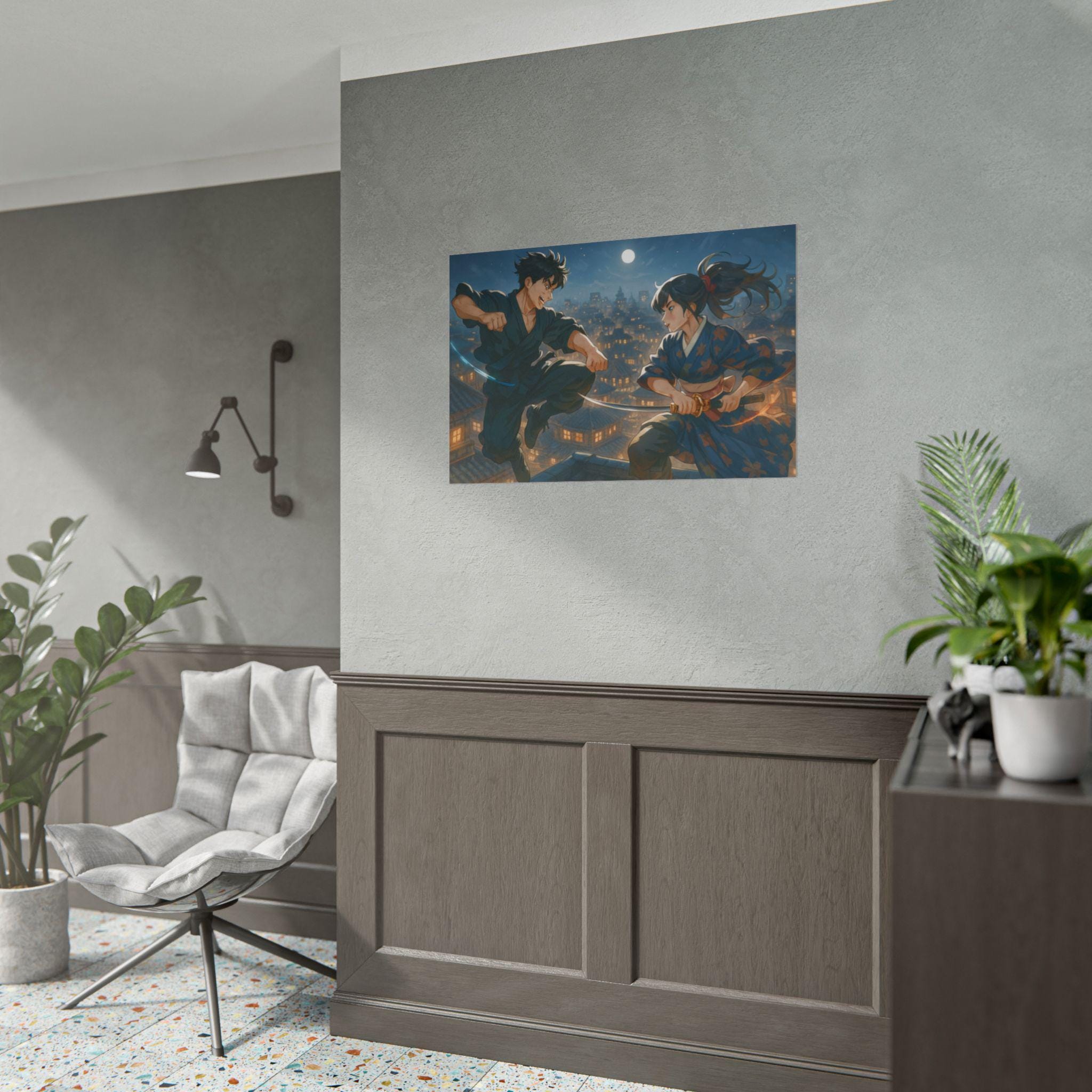 Anime Samurai Duel Poster, Night Battle on Rooftops Under the Moon