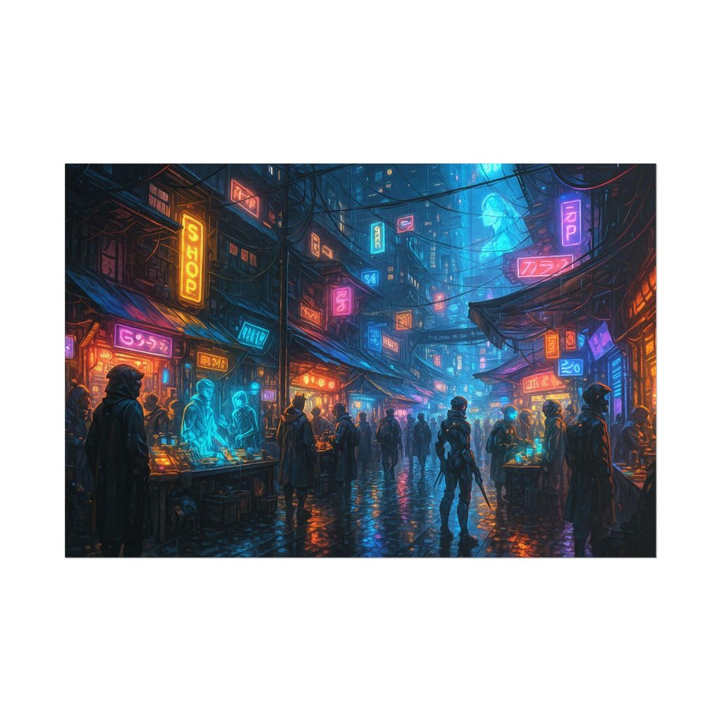 Cyberpunk City Poster Futuristic Anime Street Scene with Neon Lights and Sci Fi Market