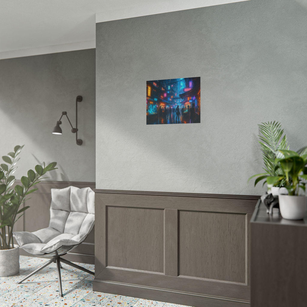 Cyberpunk City Poster Futuristic Anime Street Scene with Neon Lights and Sci Fi Market