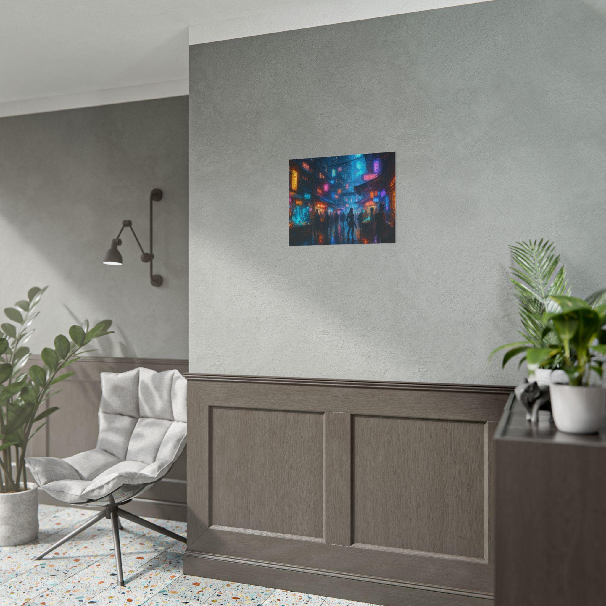 Cyberpunk City Poster Futuristic Anime Street Scene with Neon Lights and Sci Fi Market