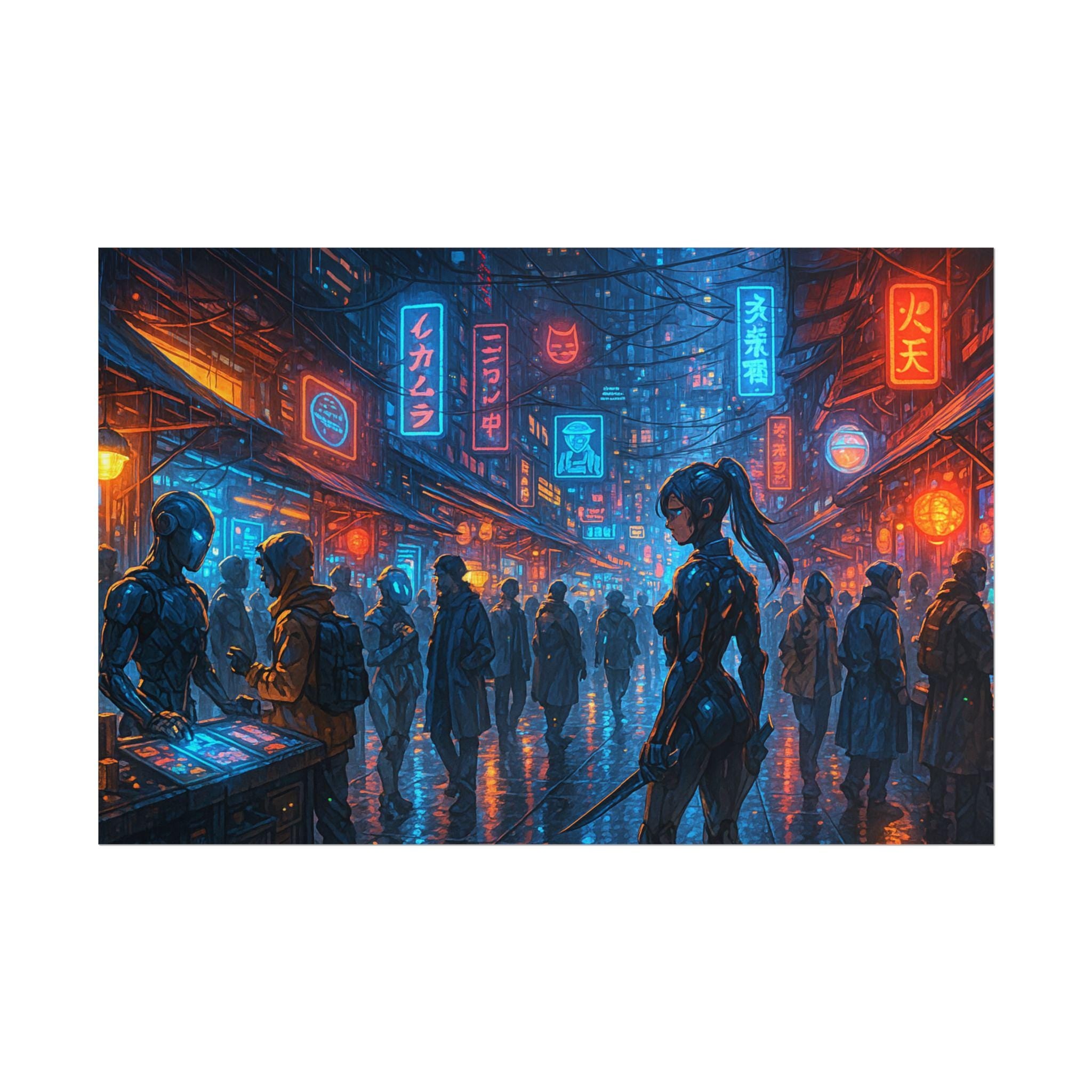 Cyberpunk Anime Poster Futuristic Street Scene with Neon Lights and Female Warrior