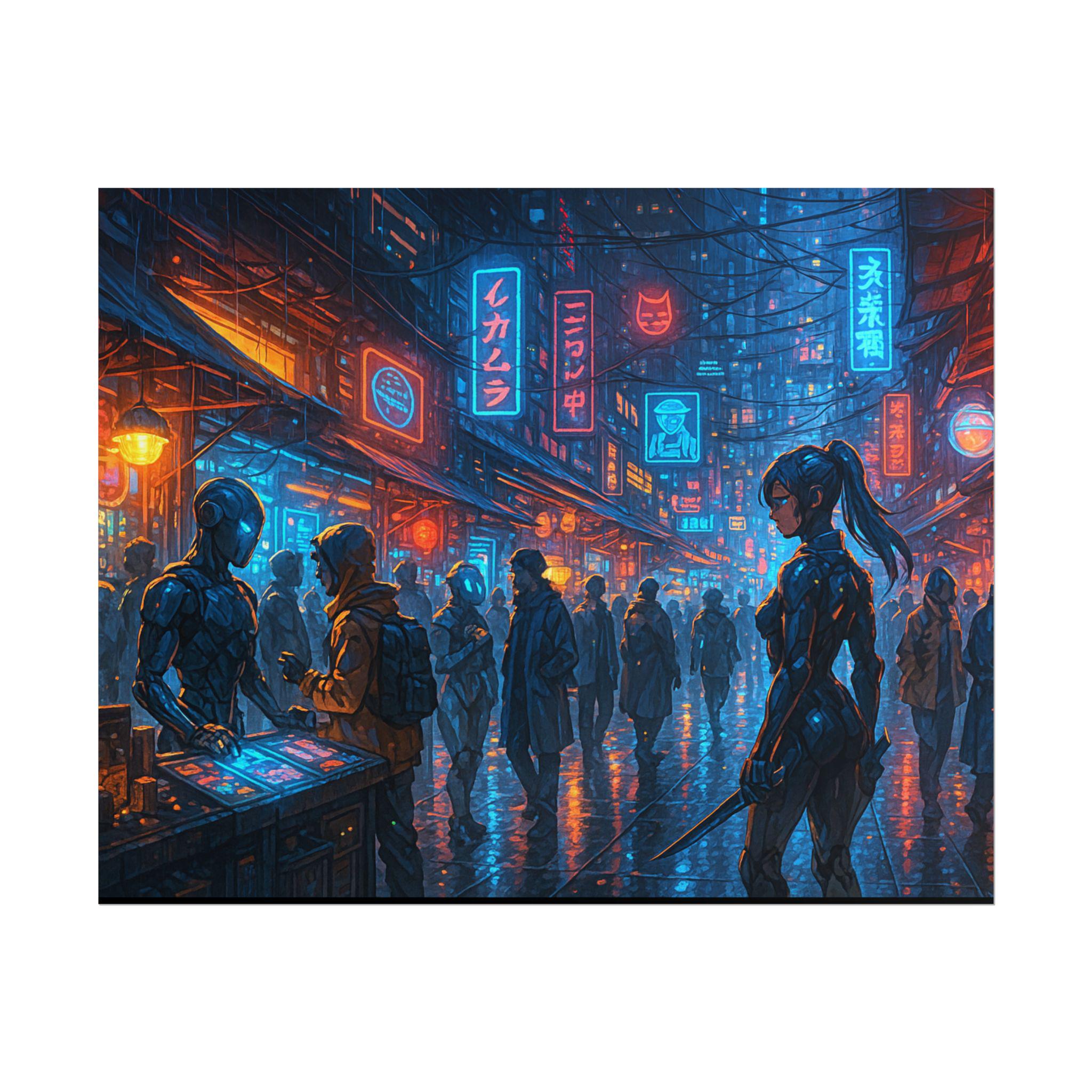 Cyberpunk Anime Poster Futuristic Street Scene with Neon Lights and Female Warrior