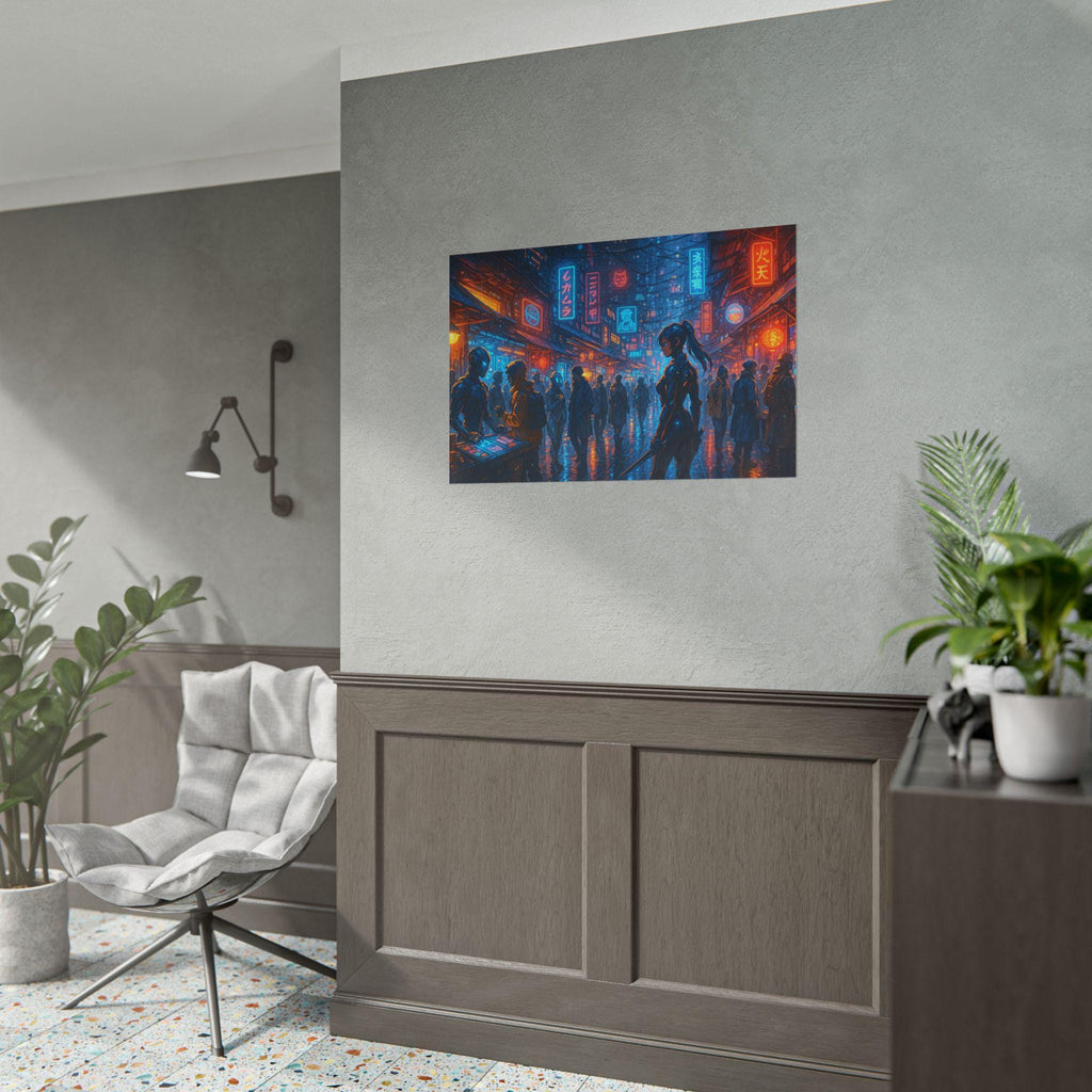 Cyberpunk Anime Poster Futuristic Street Scene with Neon Lights and Female Warrior