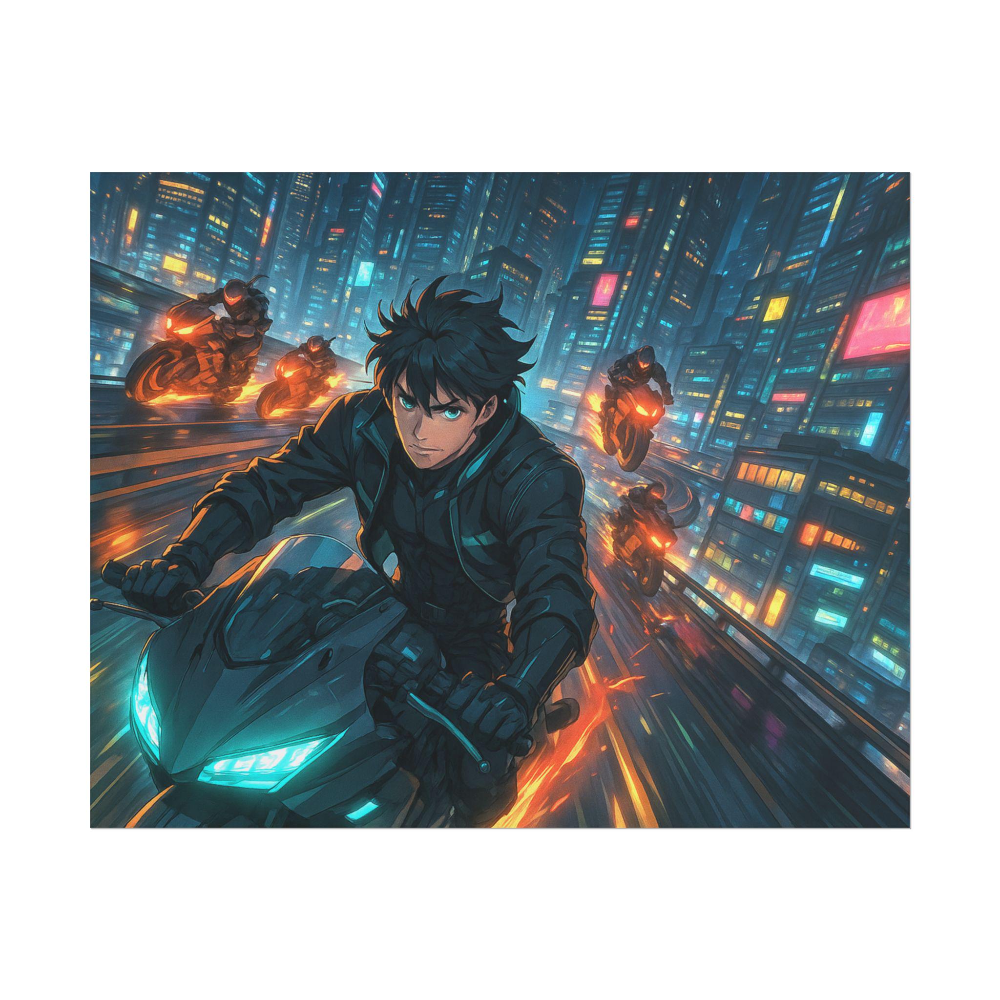 Cyberpunk Anime Poster Futuristic Motorcycle Chase in Neon City