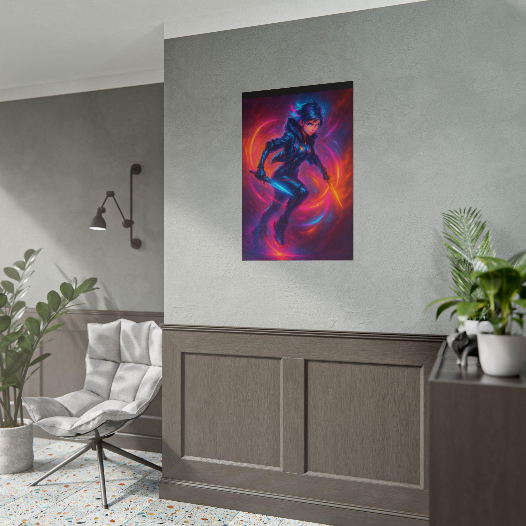 Cyberpunk Neon Warrior Poster Futuristic Anime Wall Art Neon Glow Sci-Fi Print for Gamers and Anime Lovers