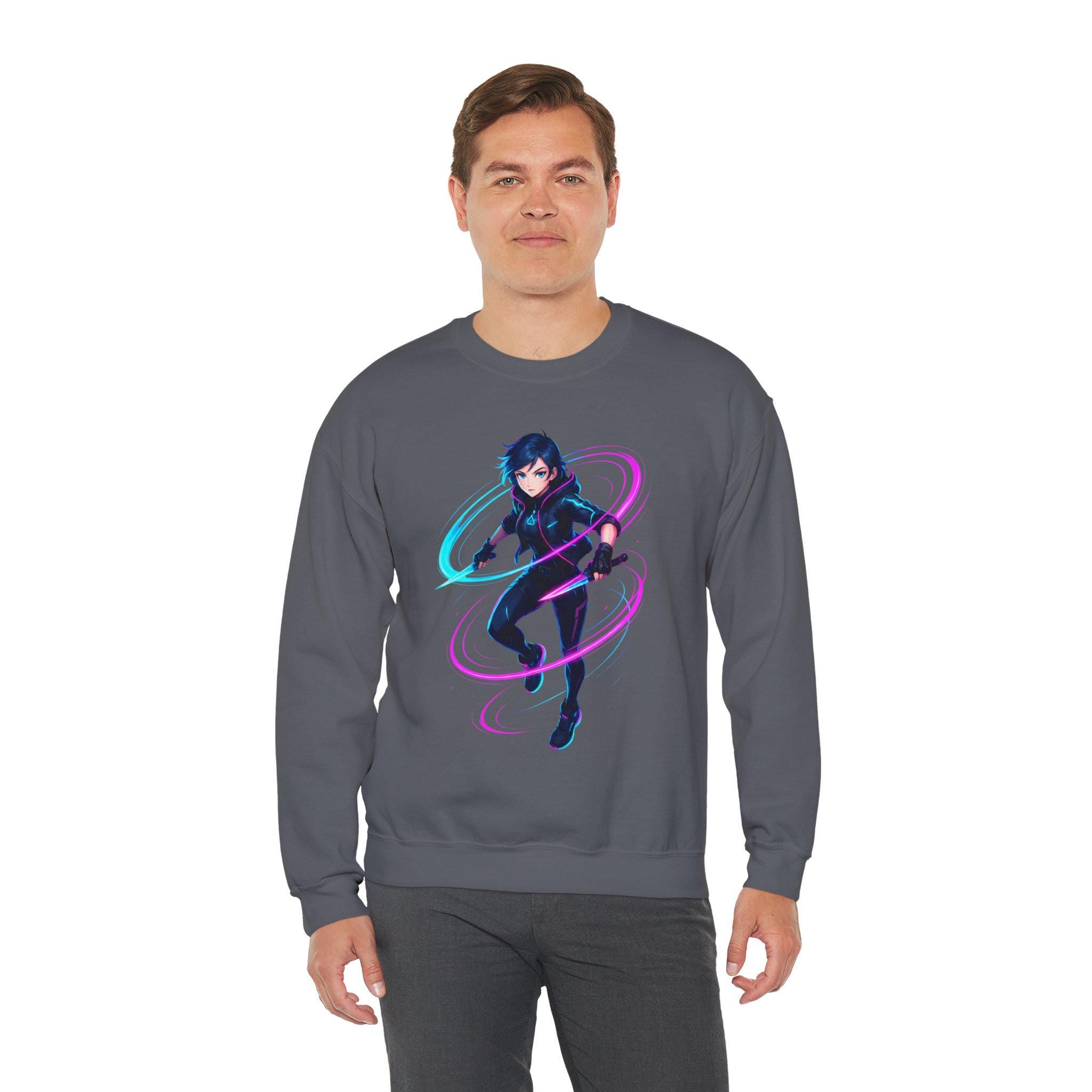 Cyberpunk Neon Warrior Sweatshirt Futuristic Techwear Anime Streetwear Neon Glow Gift for Gamers and Anime Fans